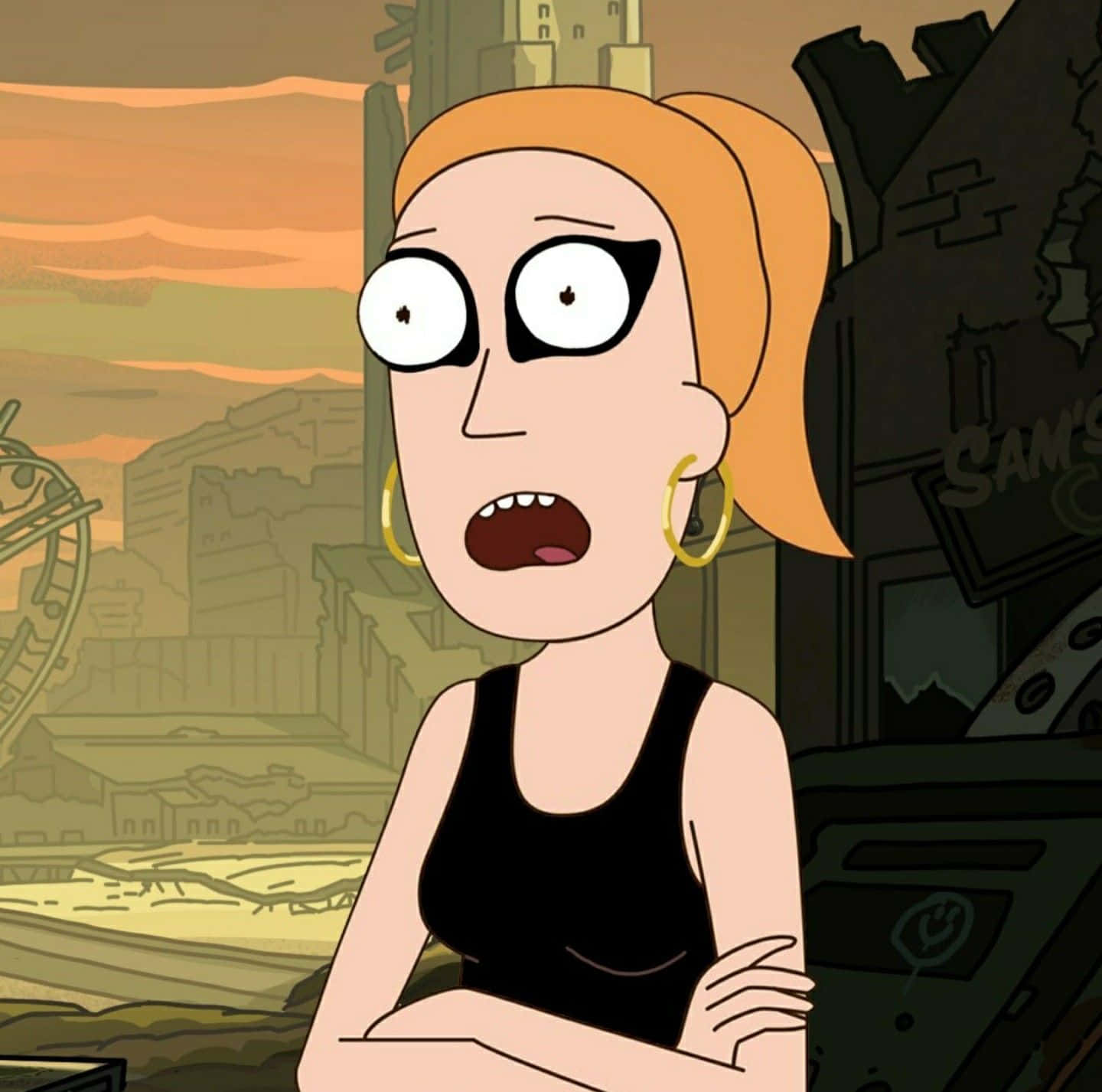 Wubba Lubba Dub Dub 桌布 壁紙 — 一位橙色頭髮、大眼睛的卡通女性，在夕陽下以廢墟城市為背景，震驚地凝視著。