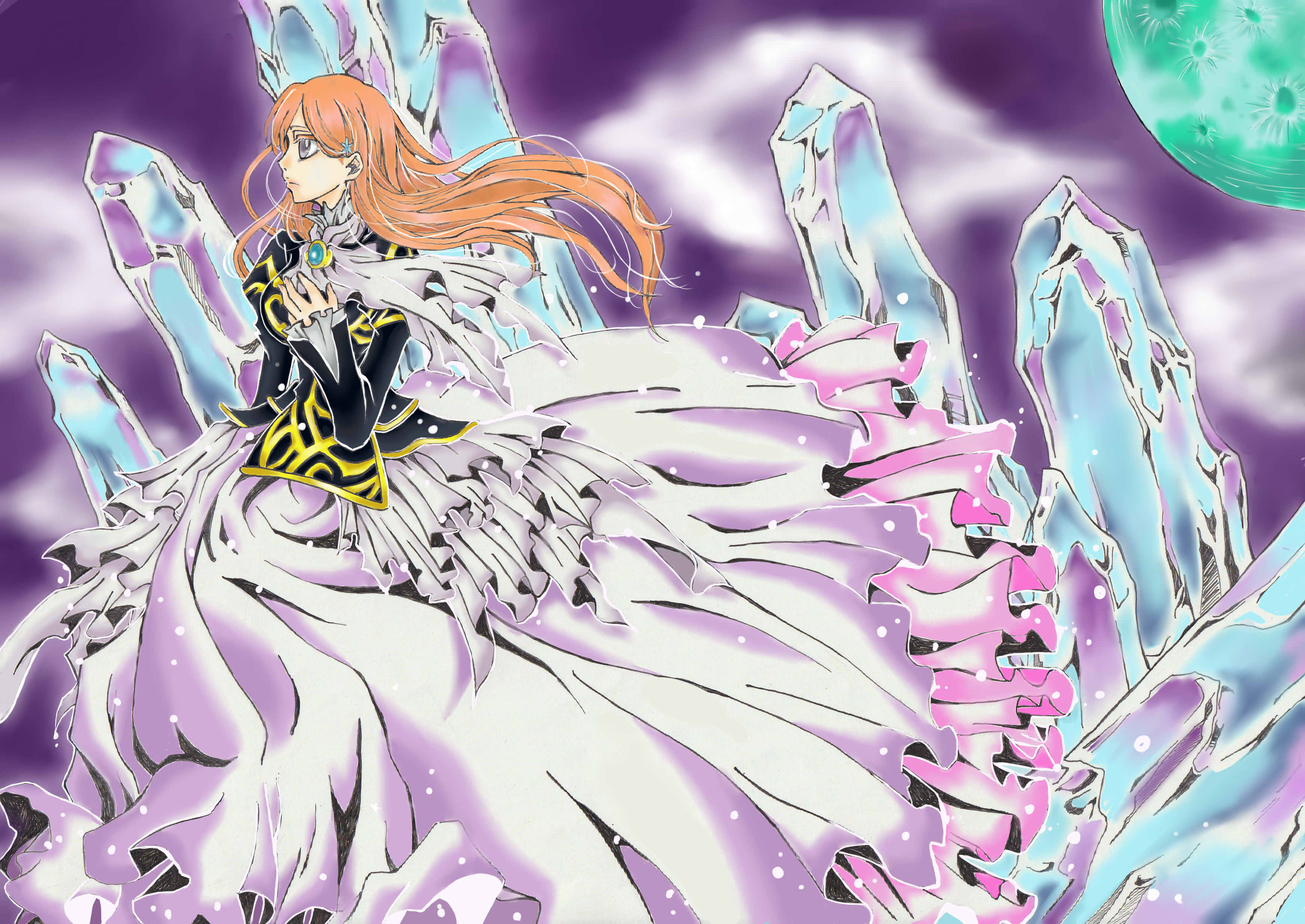 Orihime Inoue 桌布 壁紙 — 一位橙色頭髮的動漫女孩，穿著黑黃相間的連衣裙，站在水晶尖塔上，紫色天空下有一輪發光的綠色月亮。