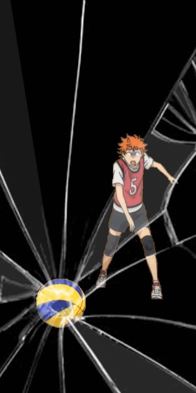 Haikyuu Fan Art 桌布 壁紙 — 一位橙色頭髮的動漫排球運動員在黑色背景下準備將球扣過碎玻璃。