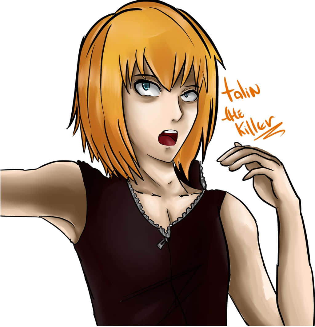 Death Note Mello 桌布 壁紙 — 一位橙髮藍眼的動漫女孩，穿著深色上衣，舉起手，表情驚訝。
