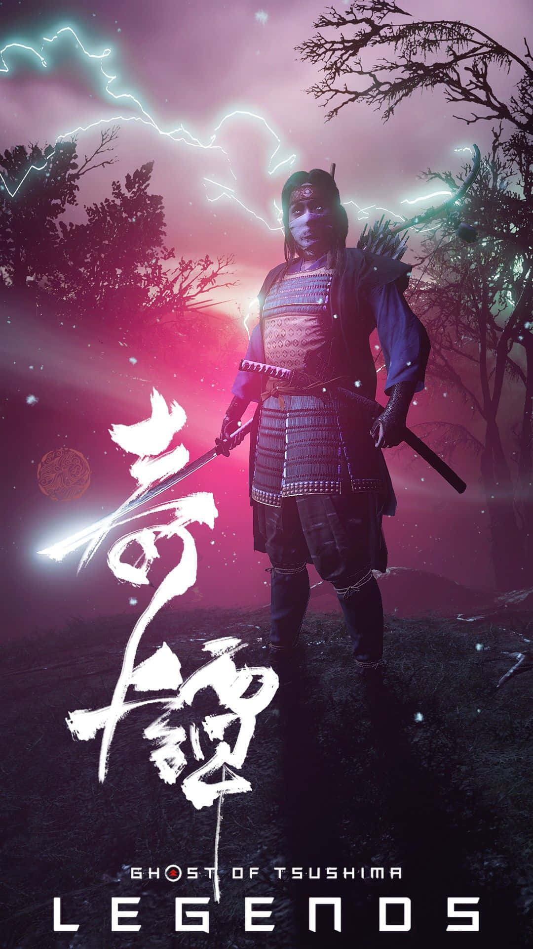 對馬戰鬼 桌布 壁紙 — 一位武士在風暴森林中，閃電閃爍下拔出武士刀站立。