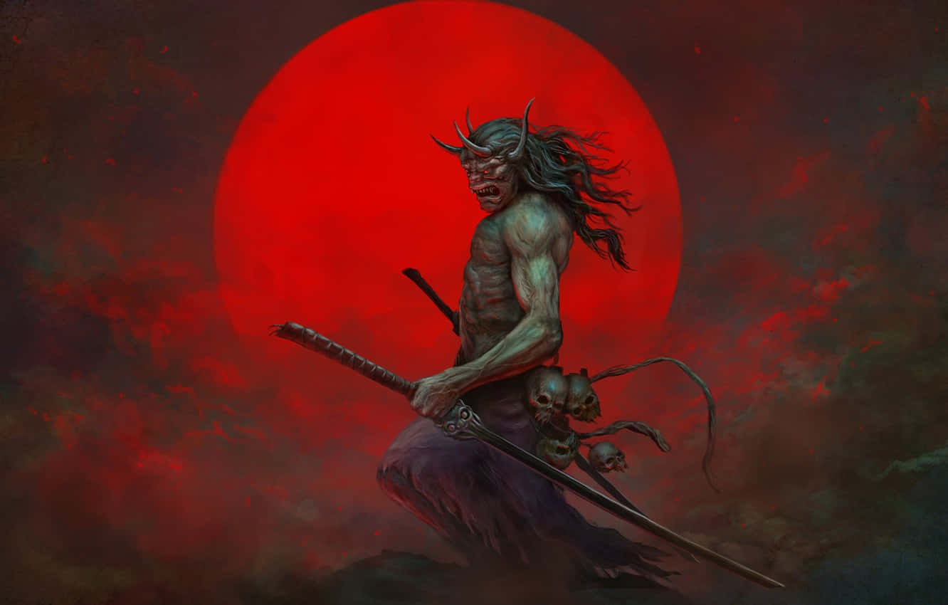 惡魔武士戰士，帶有骷髏和角頭，背景是紅月亮天空。