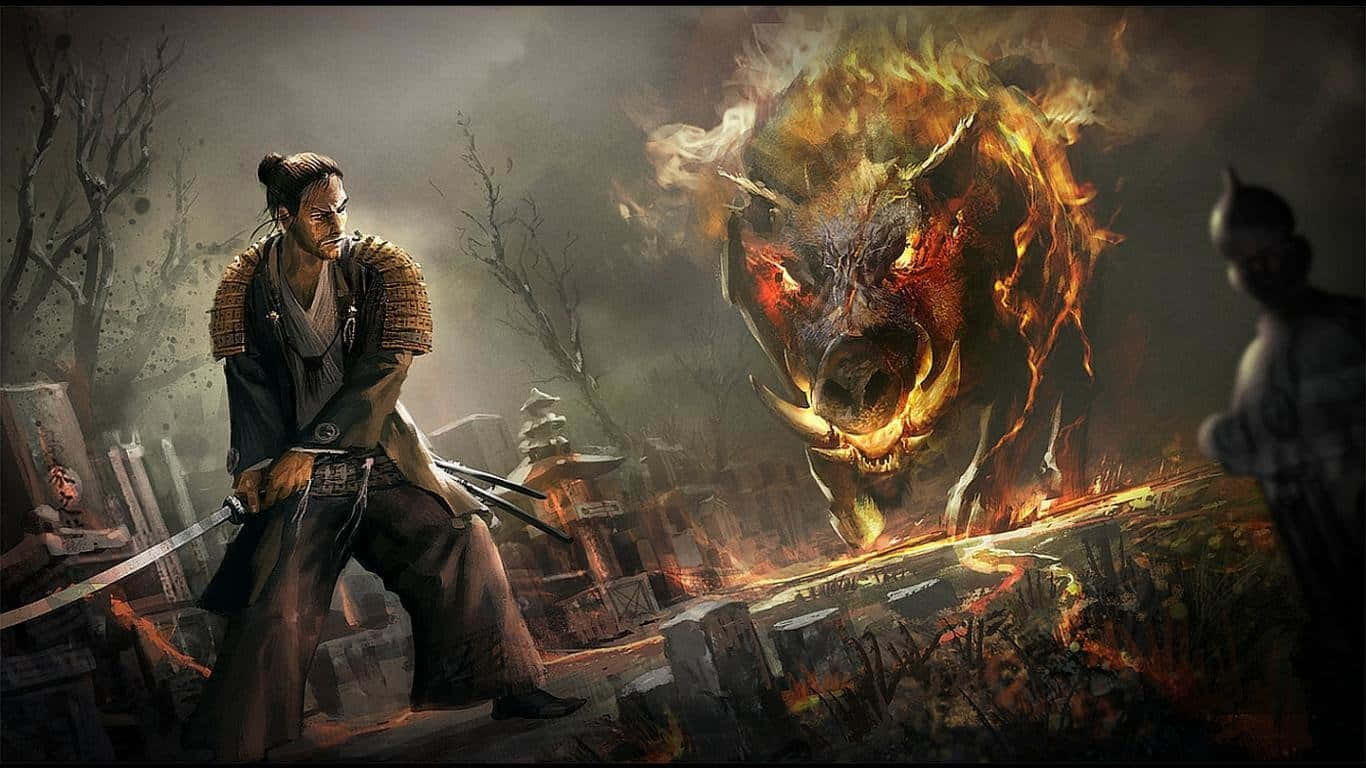 Dungeons And Dragons 桌布 壁紙 — 一位武士戰士在荒涼、佈滿灰燼的戰場上，挑釁地對抗一個巨大的火焰惡魔。