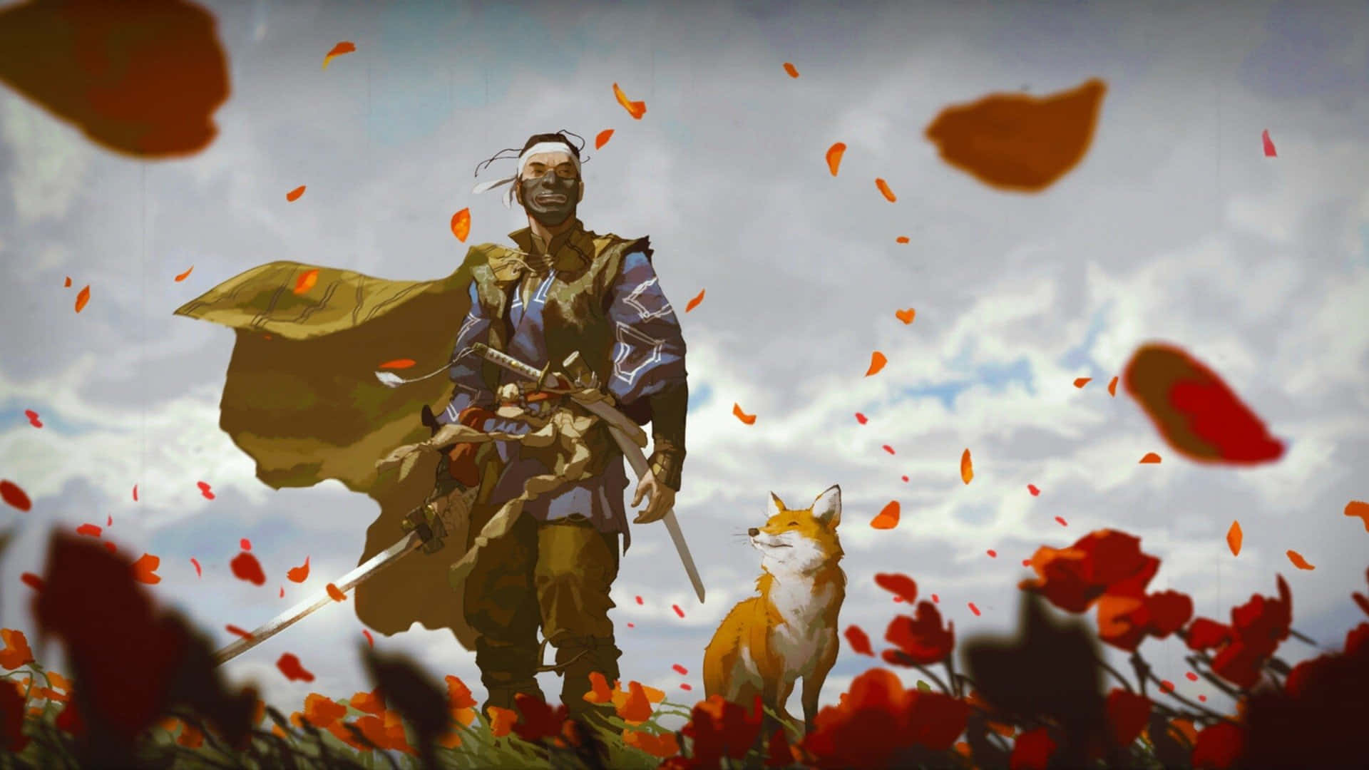 對馬戰鬼 桌布 壁紙 — 一位武士戰士與狐狸同伴站在紅罌粟花田中，秋葉在風中旋轉。