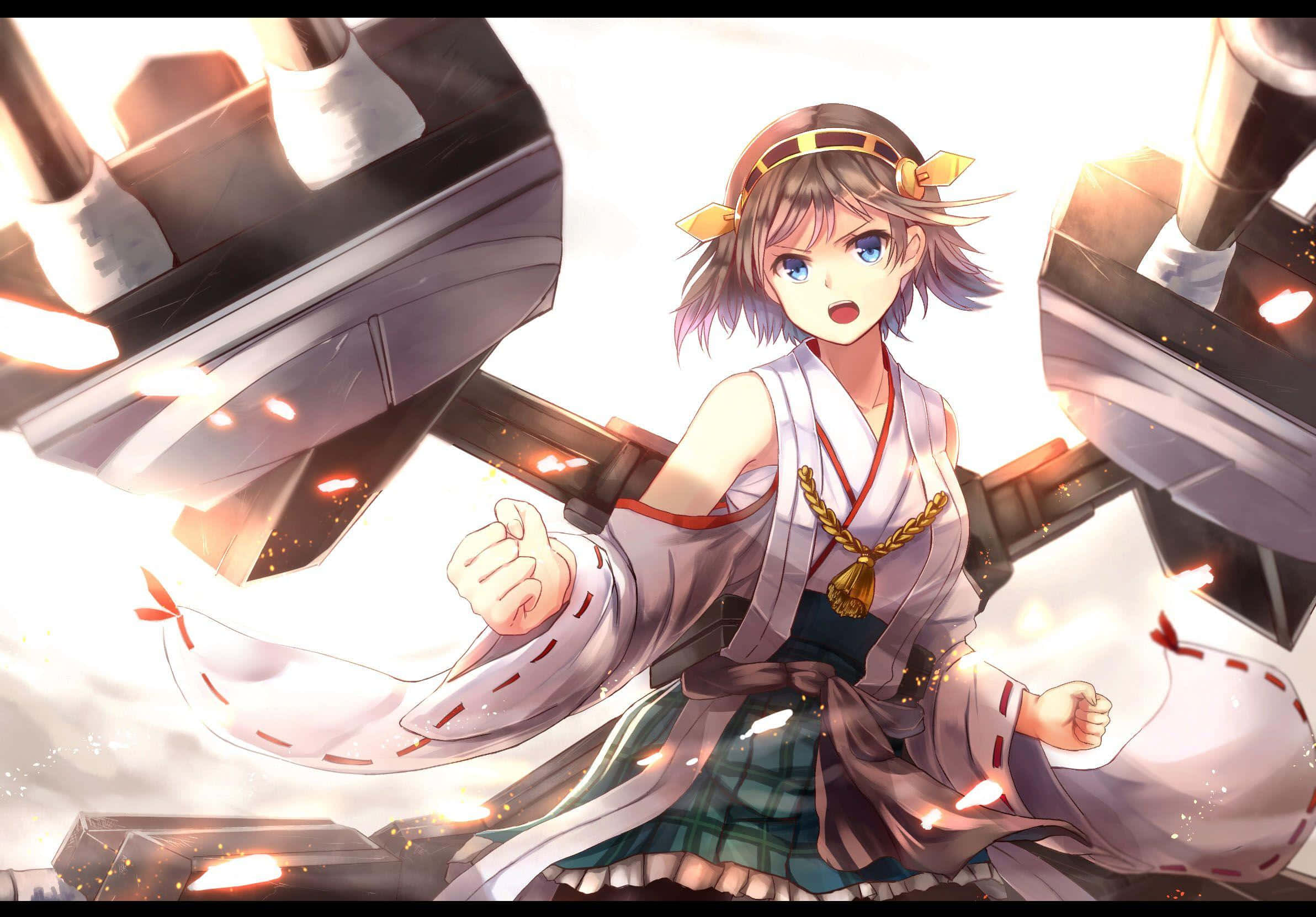 Kancolle 桌布 壁紙 — 一位決心堅定的動漫女孩穿著傳統服飾，在熾熱的火花和機械碎片中揮舞著巨大的發光錘子。