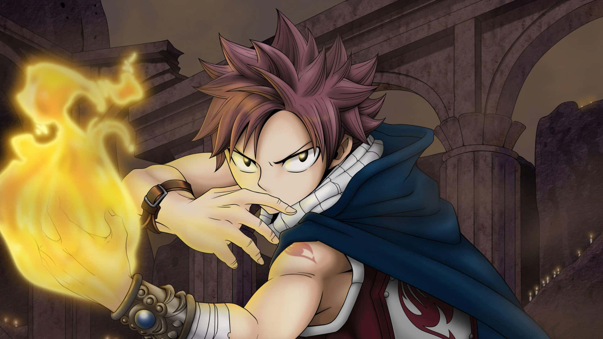 natsu dragneel 桌布 壁紙 — 一位決心堅定的動漫戰士，擁有尖刺的粉紅色頭髮，在 crumbling 的石頭廢墟中引導火焰魔法。