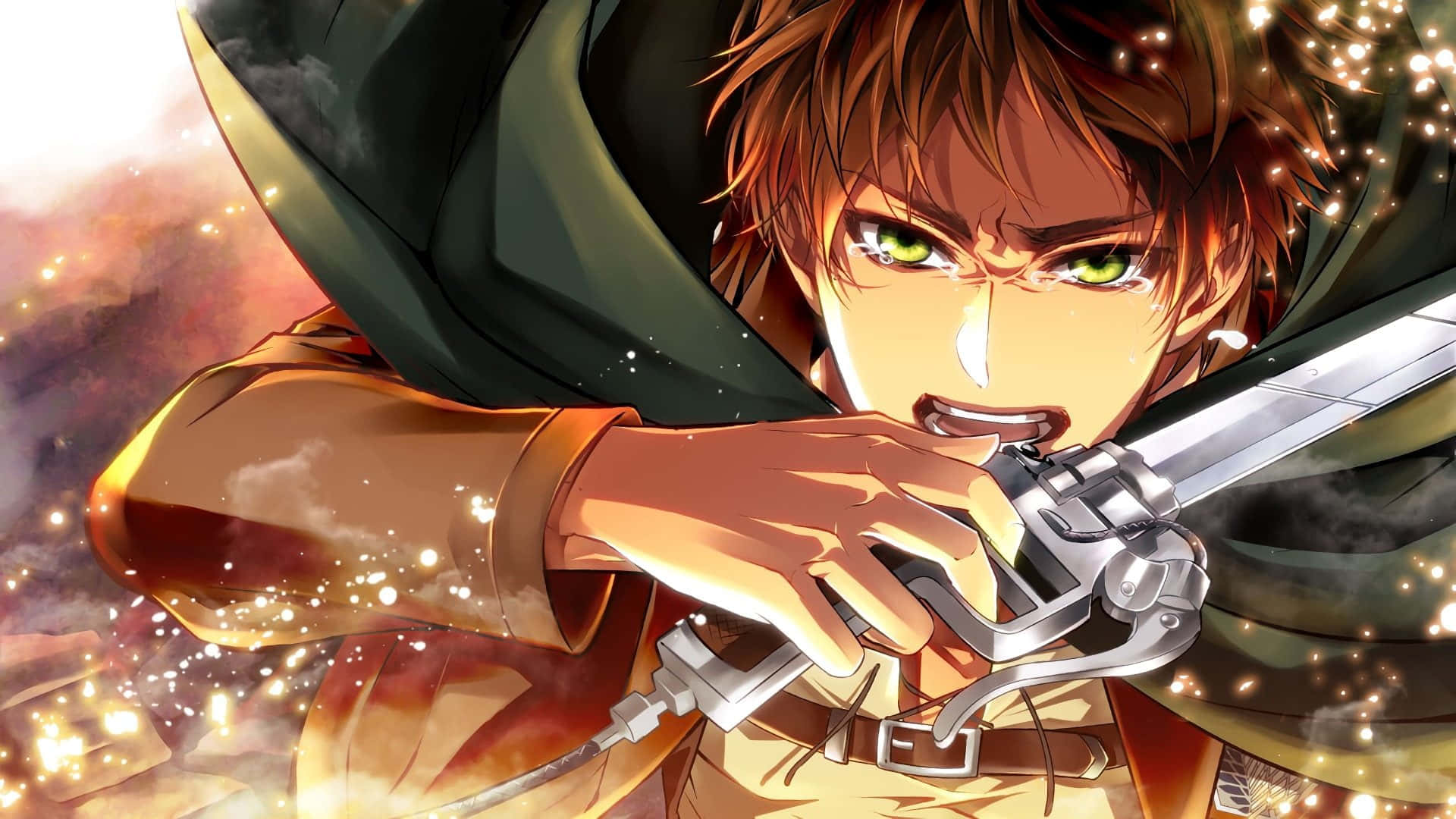 Attack On Titan Poster 桌布 壁紙 — 一位決心堅定的動漫戰士，擁有綠色眼睛，在熾熱的火花和發光的粒子中緊握著劍。