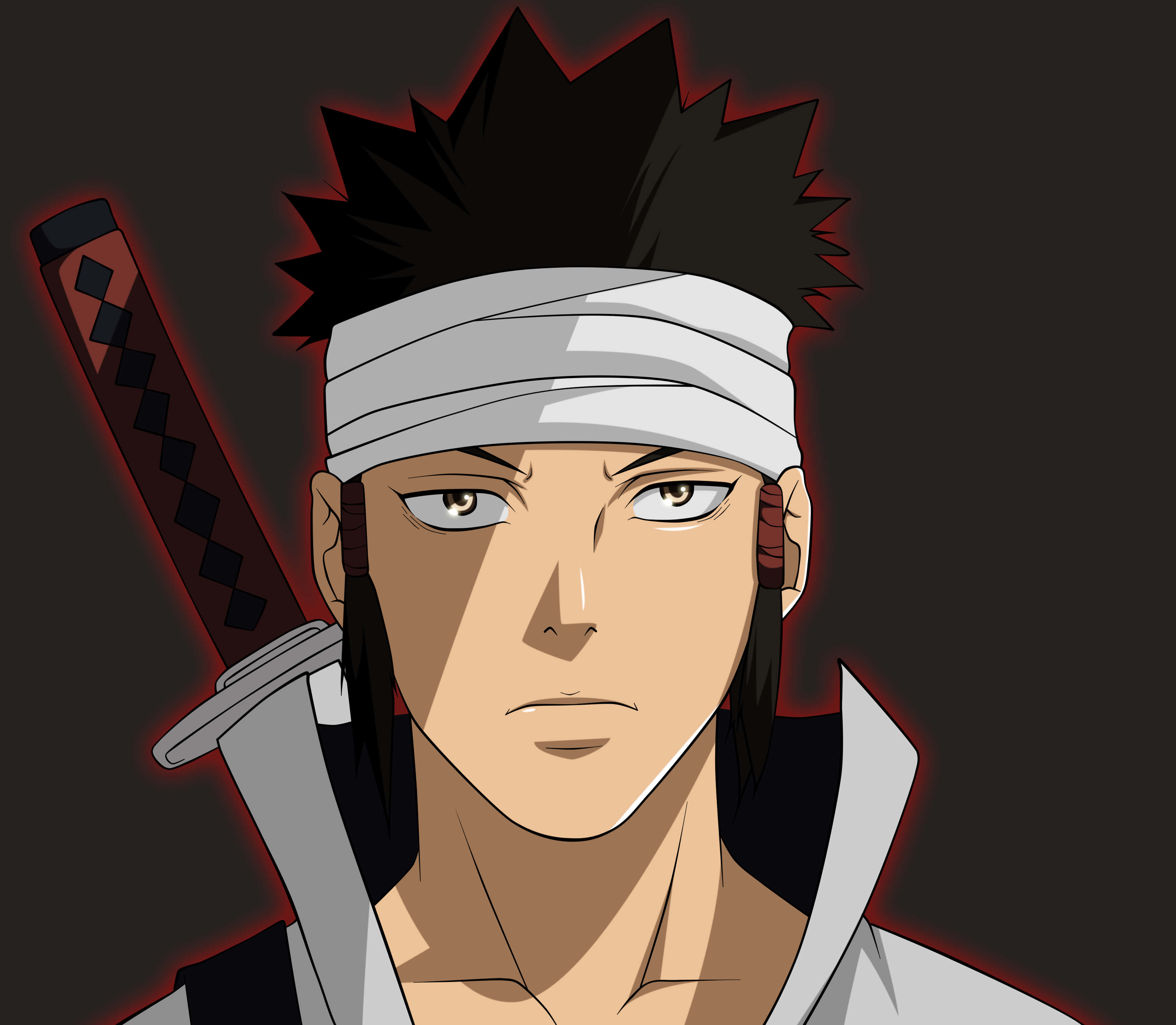 Asura ōtsutsuki 桌布 壁紙 — 一位決心堅定的動漫戰士，擁有黑色刺蝟頭和白色頭帶，在黑暗背景中手持發光的紅色劍。