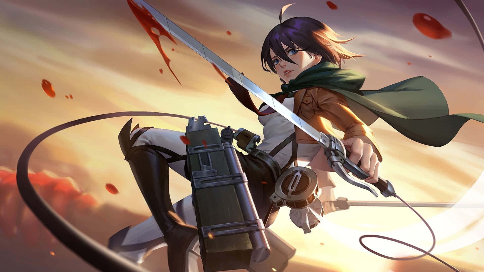 Attack On Titan Video Game 桌布 壁紙 — 一位決心堅定的動漫戰士，黑髮綠圍巾，在激烈的戰鬥中揮劍劃過血濺的天空。