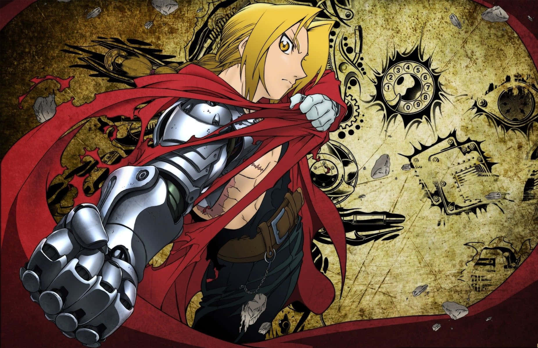 edward elric 桌布 壁紙 — 一位決心堅定的動漫英雄，金髮紅披風，撕裂機械齒輪和破碎瓦礫的背景。