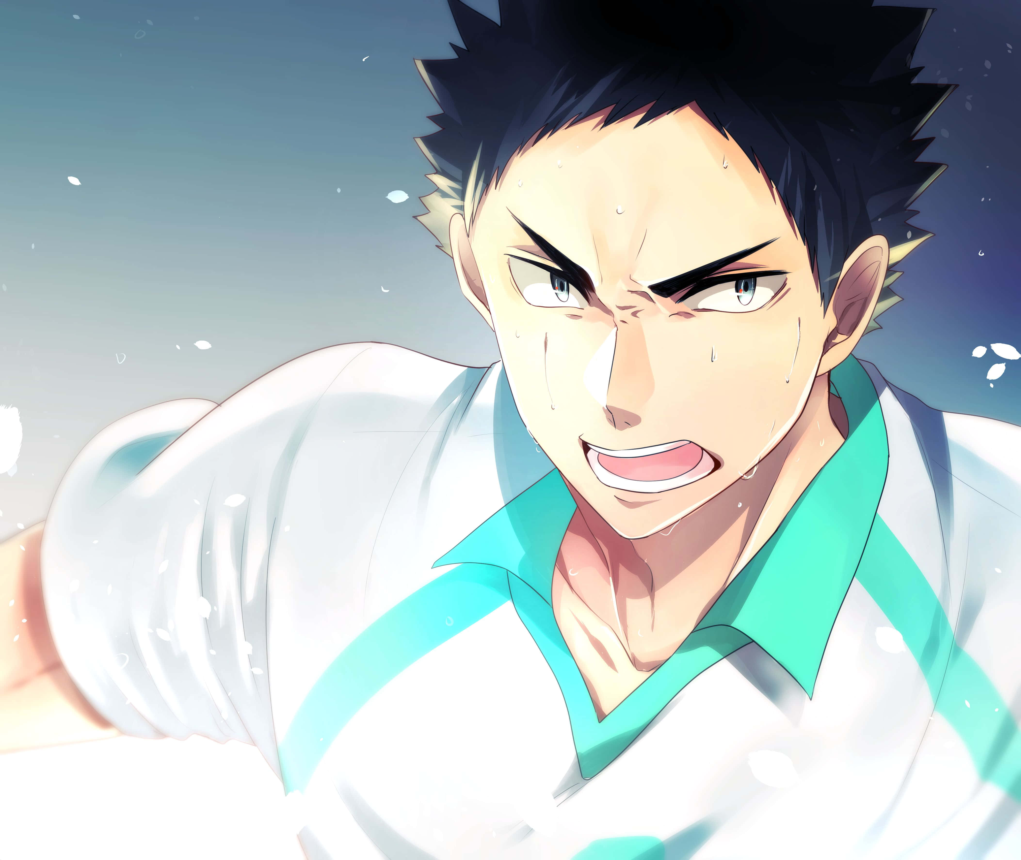 iwaizumi hajime 桌布 壁紙 — 一位決心堅定的動漫運動員，有著刺蝟般的黑髮和汗痕，在排球比賽中咬緊牙關，全神貫注。