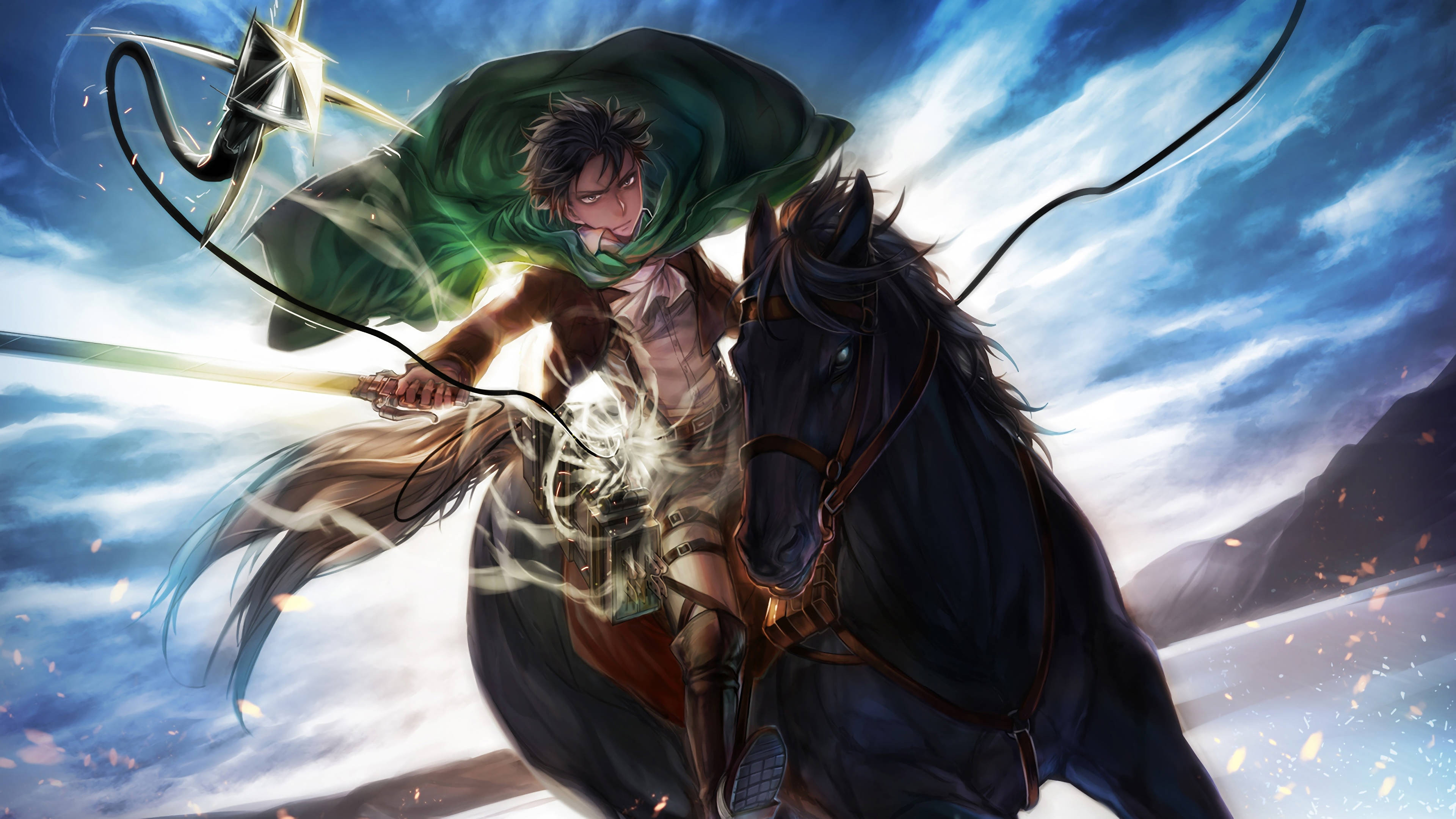 Levi 桌布 壁紙 — 一位決心堅定的戰士騎著黑馬，手持發光劍，綠色斗篷在暴風雨的天空中飄揚，向前衝鋒。