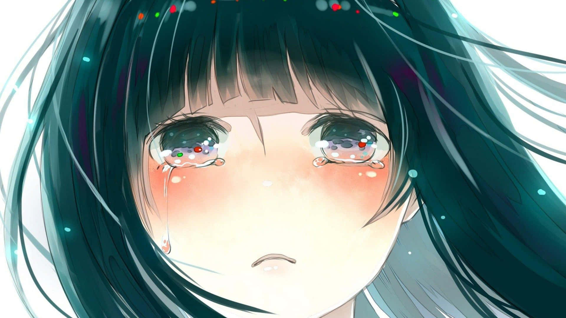 深青色頭髮的動漫女孩，閃閃發光的眼睛流下一滴眼淚。