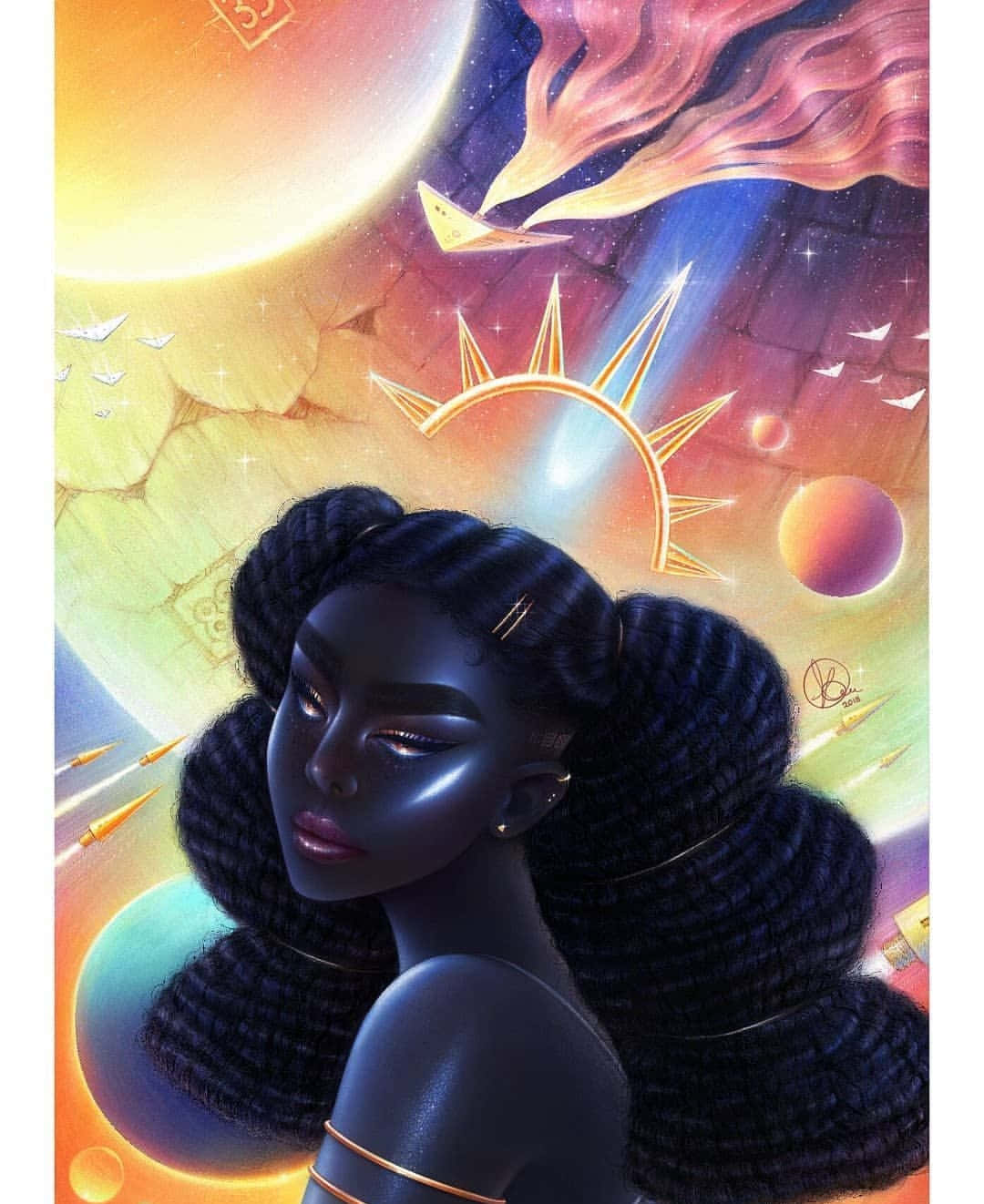 Black Culture 桌布 壁紙 — 一位深膚色、編辮子的女性，在發光行星和耀眼陽光的宇宙背景下寧靜地凝視。