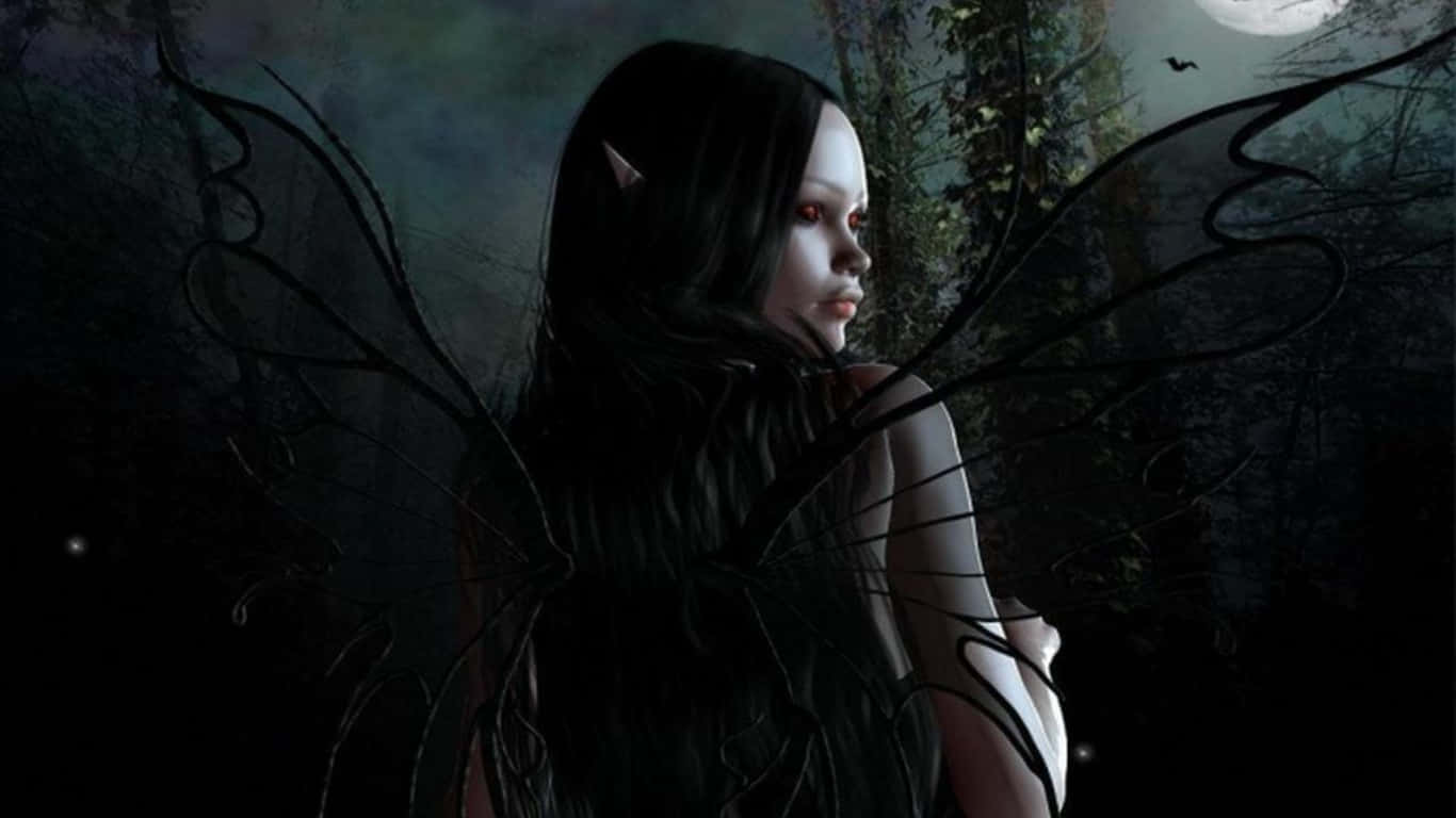 Dark Tales 桌布 壁紙 — 一位深色翅膀、紅眼睛、尖耳朵的仙子站在月光照耀的森林中，周圍是陰影樹木和飛翔的蝙蝠。