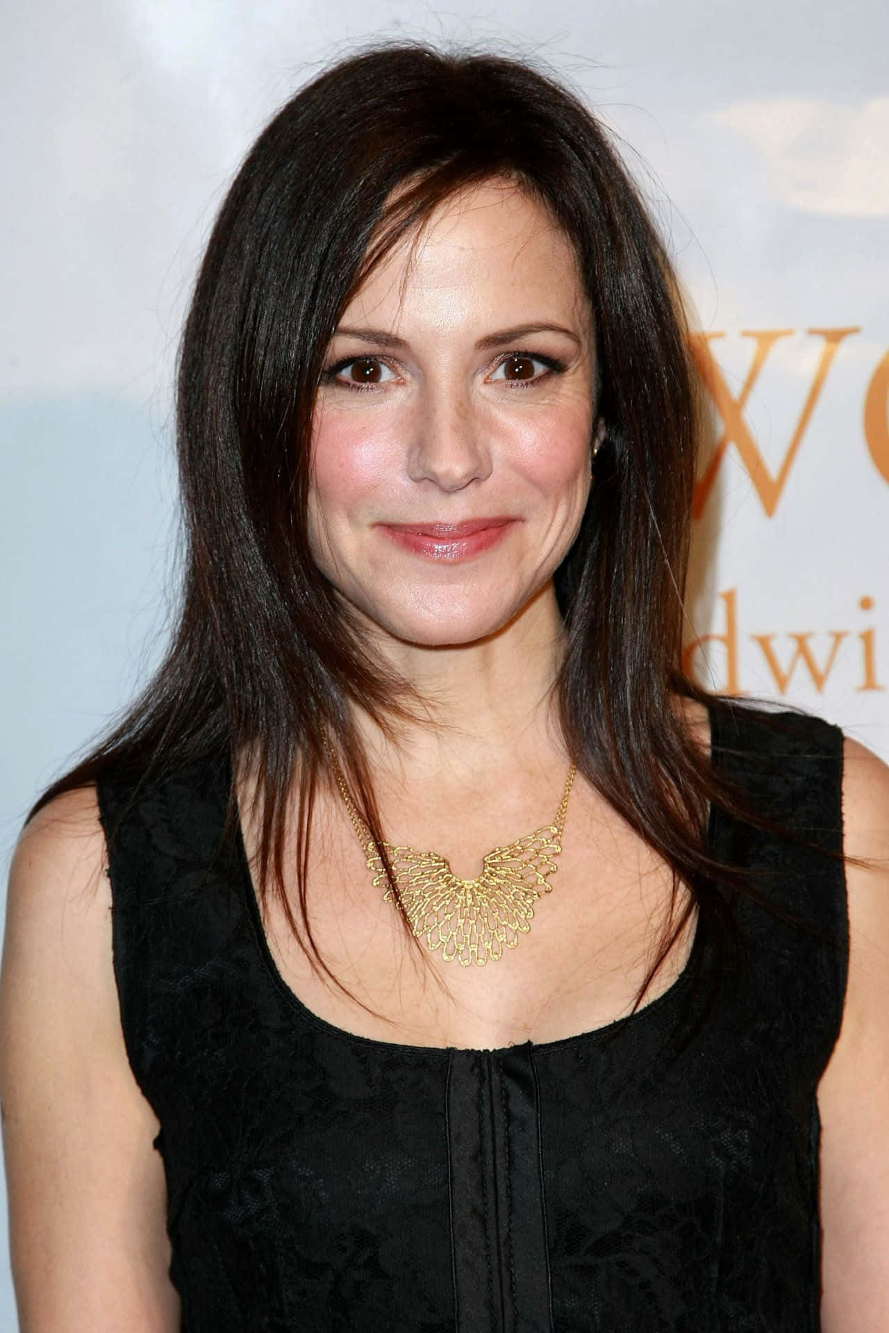 mary louise parker 桌布 壁紙 — 一位深色頭髮、戴著金項鍊的女性，穿著黑色上衣對著鏡頭溫柔微笑。