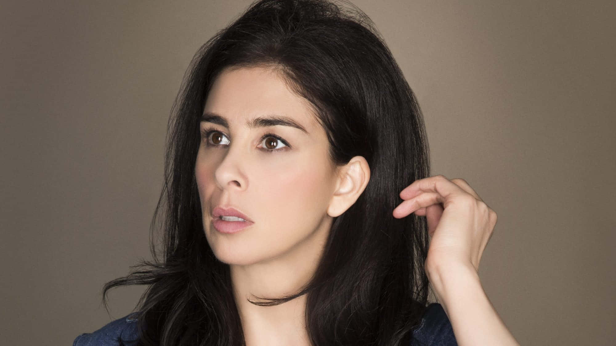 sarah silverman 桌布 壁紙 — 一位深色頭髮、戴著頸鏈的女性，在柔和的棕色背景前若有所思地觸摸著自己的頭髮。