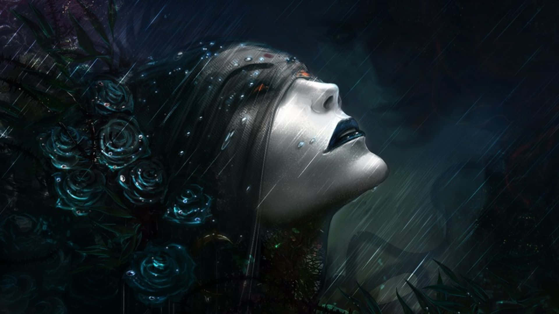哥德 桌布 壁紙 — 一位深色頭髮、手持藍色玫瑰的女子，在暴風雨夜空的雨水中仰望上方。