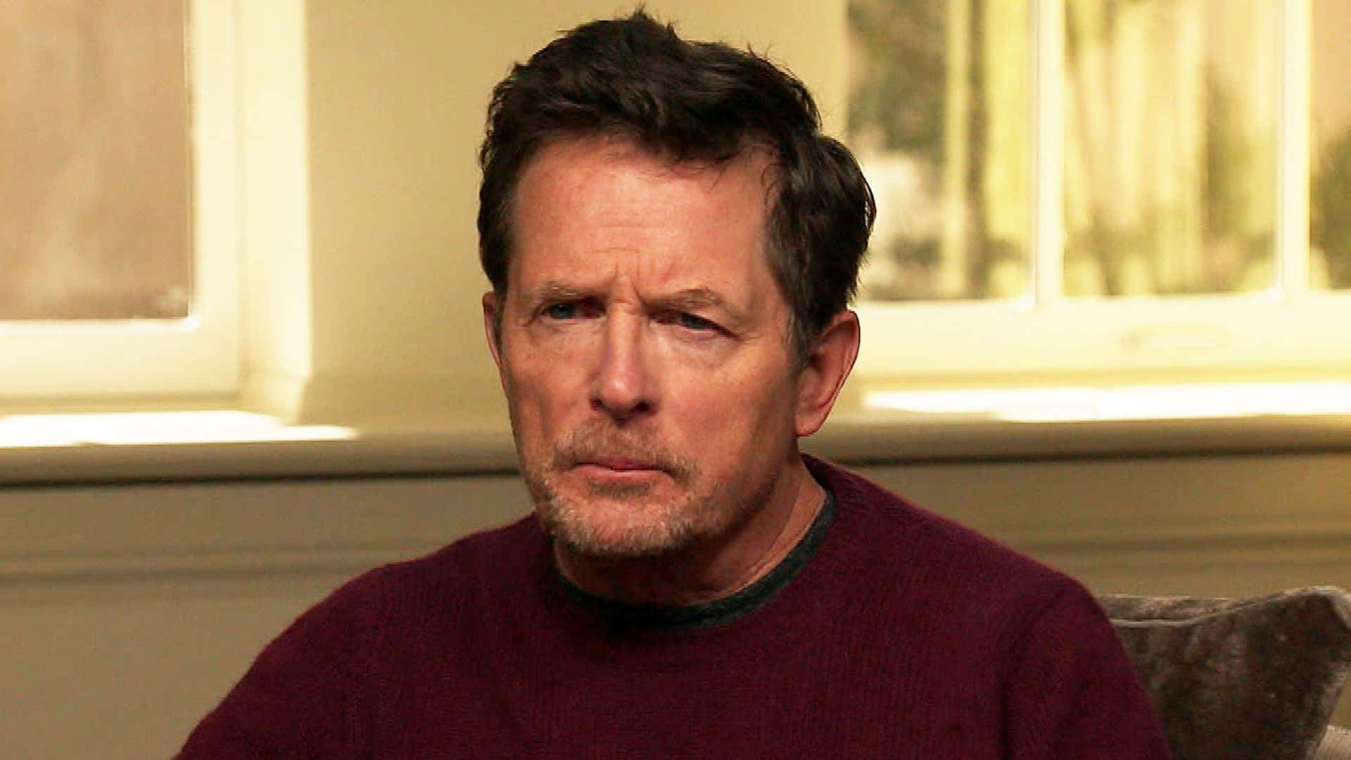 michael j fox 桌布 壁紙 — 一位深色頭髮、留鬍鬚的男子，身穿栗色毛衣，坐在室內靠近窗邊的位置，享受柔和自然光。