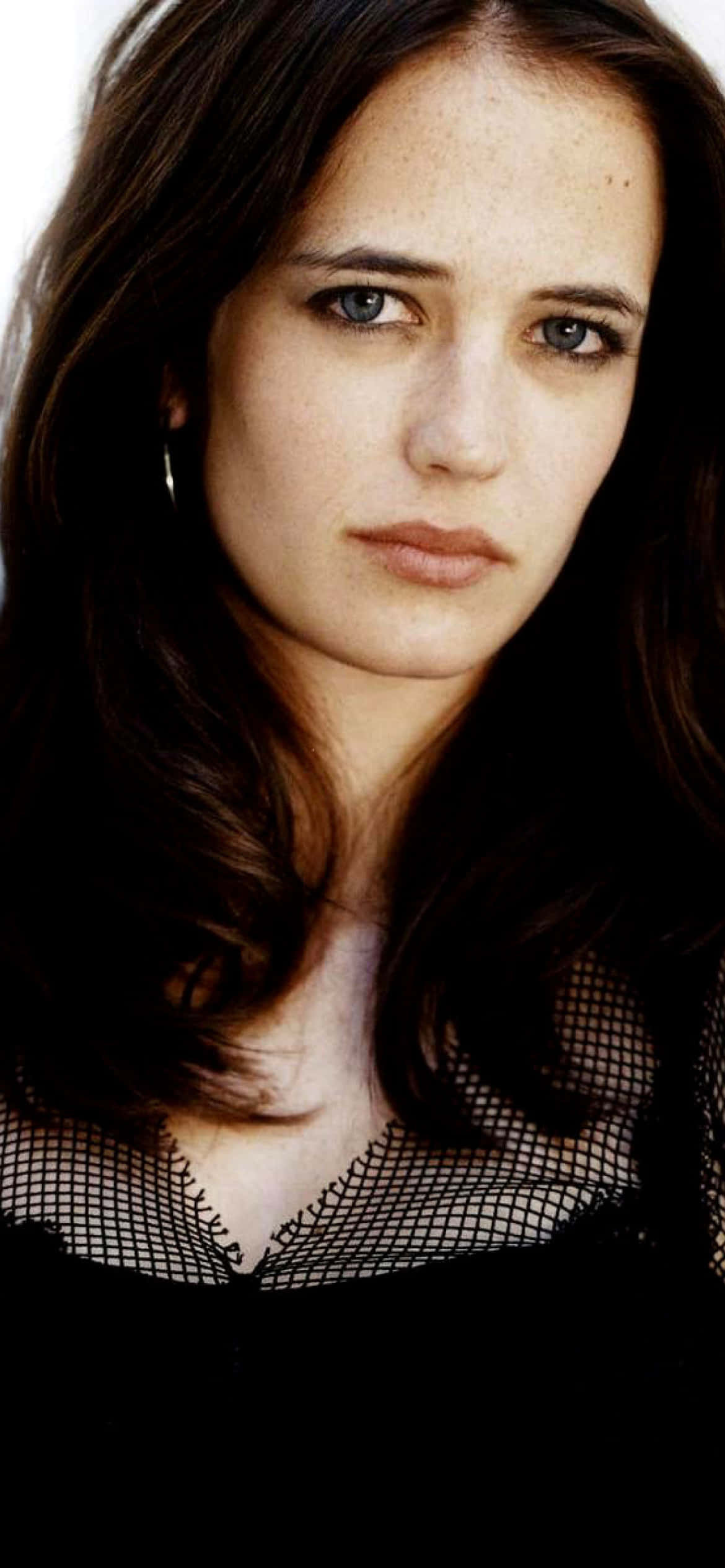 eva green 桌布 壁紙 — 一位深色頭髮、藍色眼睛強烈的女性，穿著黑色網眼上衣，在純白背景前的特寫肖像。