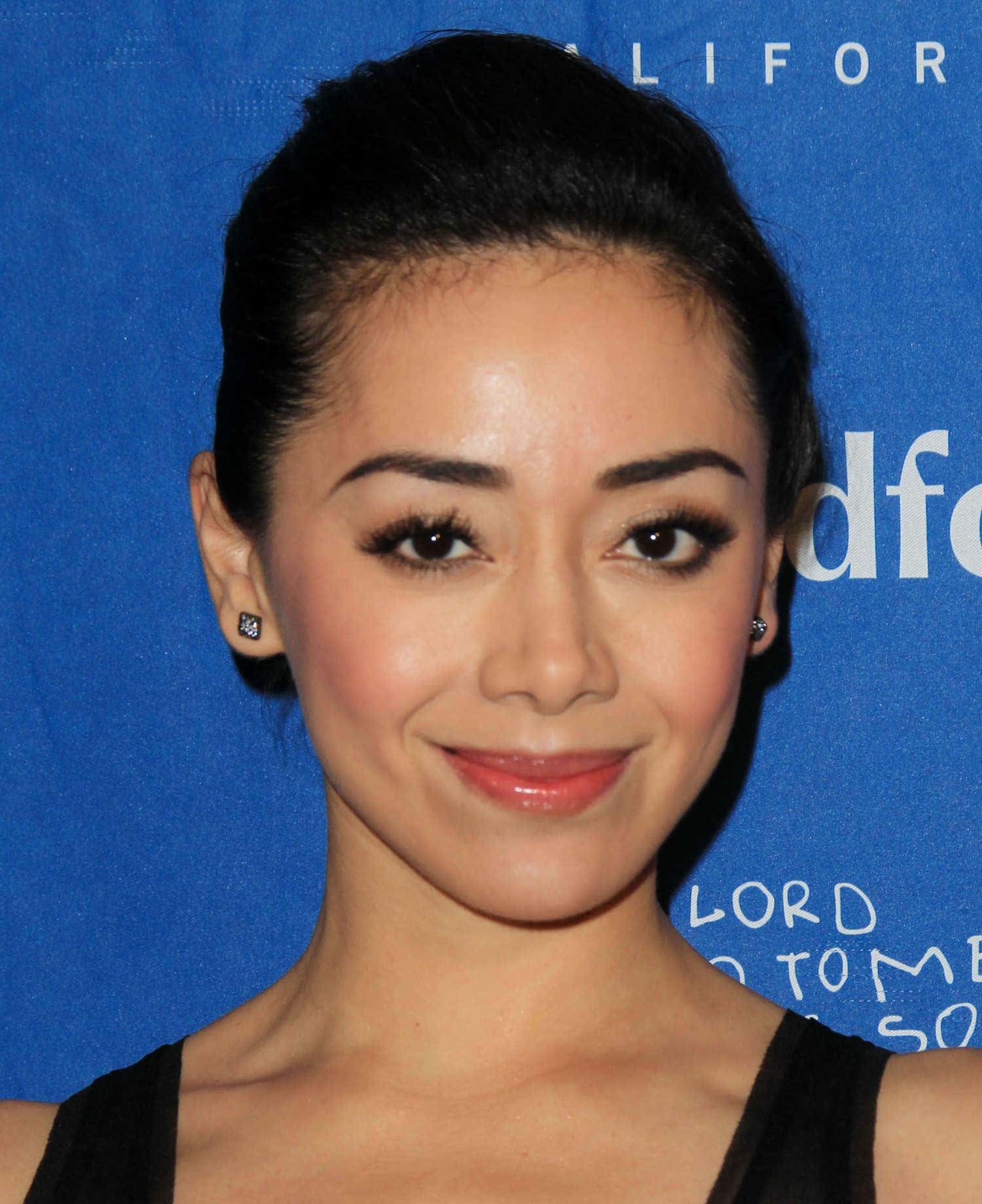 Aimee Garcia 桌布 壁紙 — 一位深色頭髮向後梳的女性在藍色背景上帶有白色文字的微笑柔和。