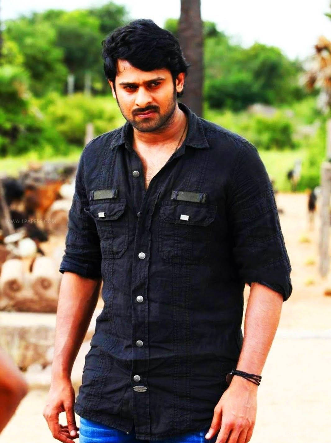 Prabhas Mirchi 桌布 壁紙 — 一位深色頭髮和鬍鬚的男子，穿著黑色鈕扣襯衫和藍色牛仔褲，站在戶外的綠色自然環境中。