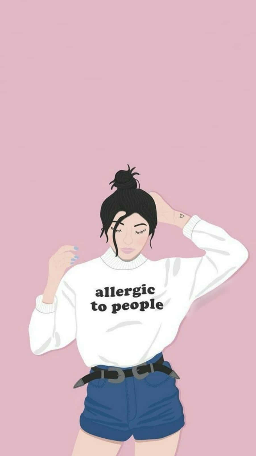 可愛少女風gif 桌布 壁紙 — 一位深色頭髮束成髮髻的年輕女性，身穿印有 allergic to people 字樣的白色運動衫，背景是柔和的粉紅色。