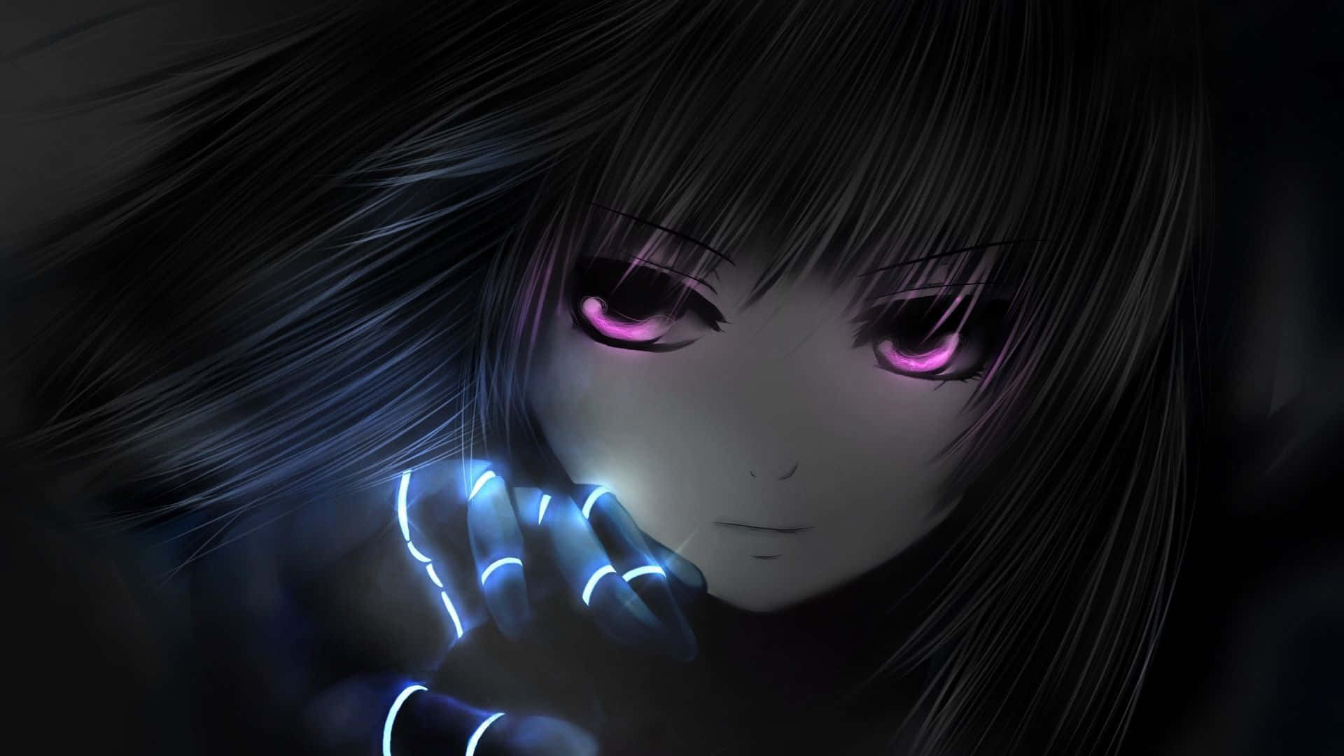 Purple Anime 桌布 壁紙 — 一位深色頭髮的動漫女孩，擁有發光的紫色眼睛和藍色發光的手指，在陰影中將手放在臉旁。