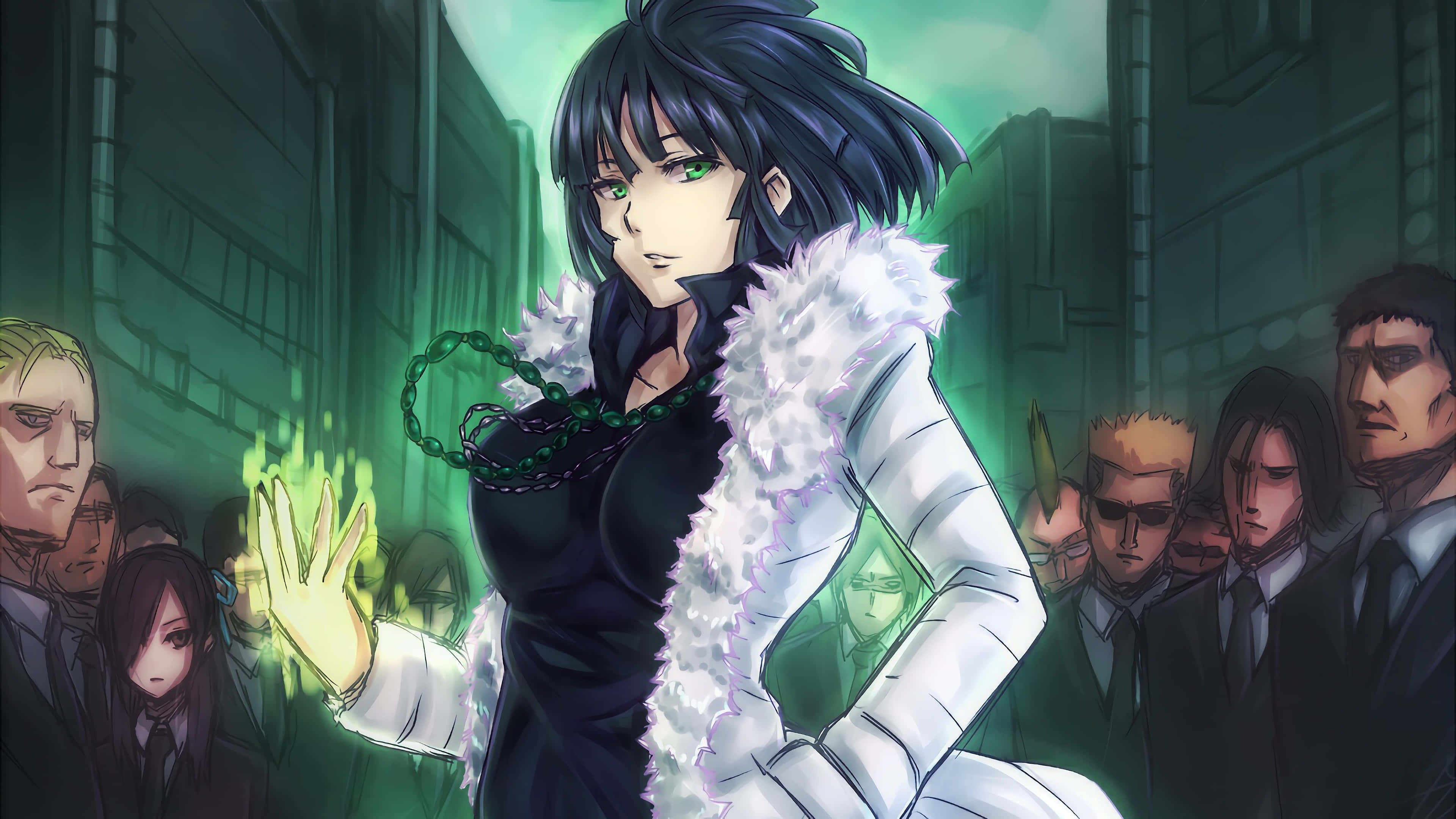 Hellish Blizzard 桌布 壁紙 — 一位深色頭髮的動漫女性，身穿白色毛邊外套，自信地站在霓虹燈小巷中，被表情嚴肅的男人們包圍。