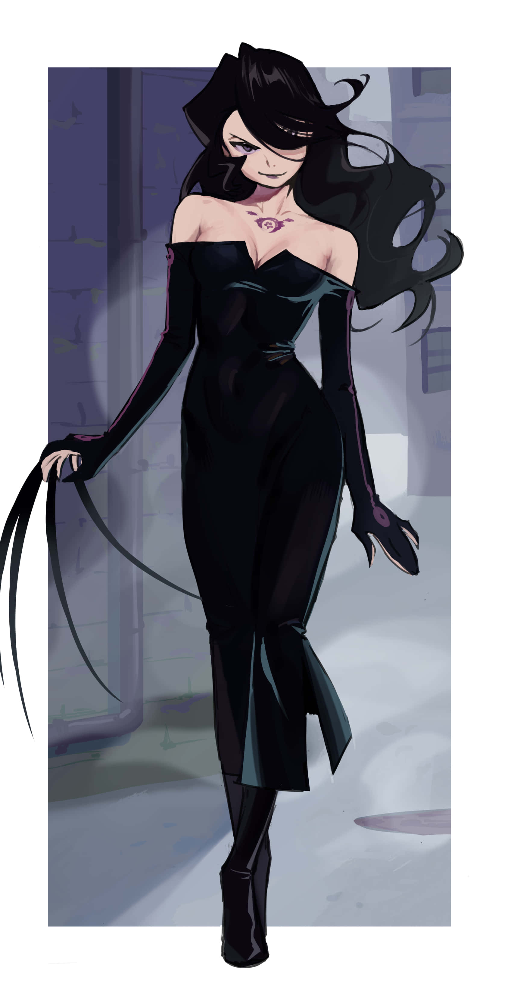 Fullmetal Alchemist Lust 桌布 壁紙 — 一位深色頭髮的動漫女性穿著時尚黑色連衣裙，帶有貓耳和尾巴，自信地站在陰暗的城市小巷中。