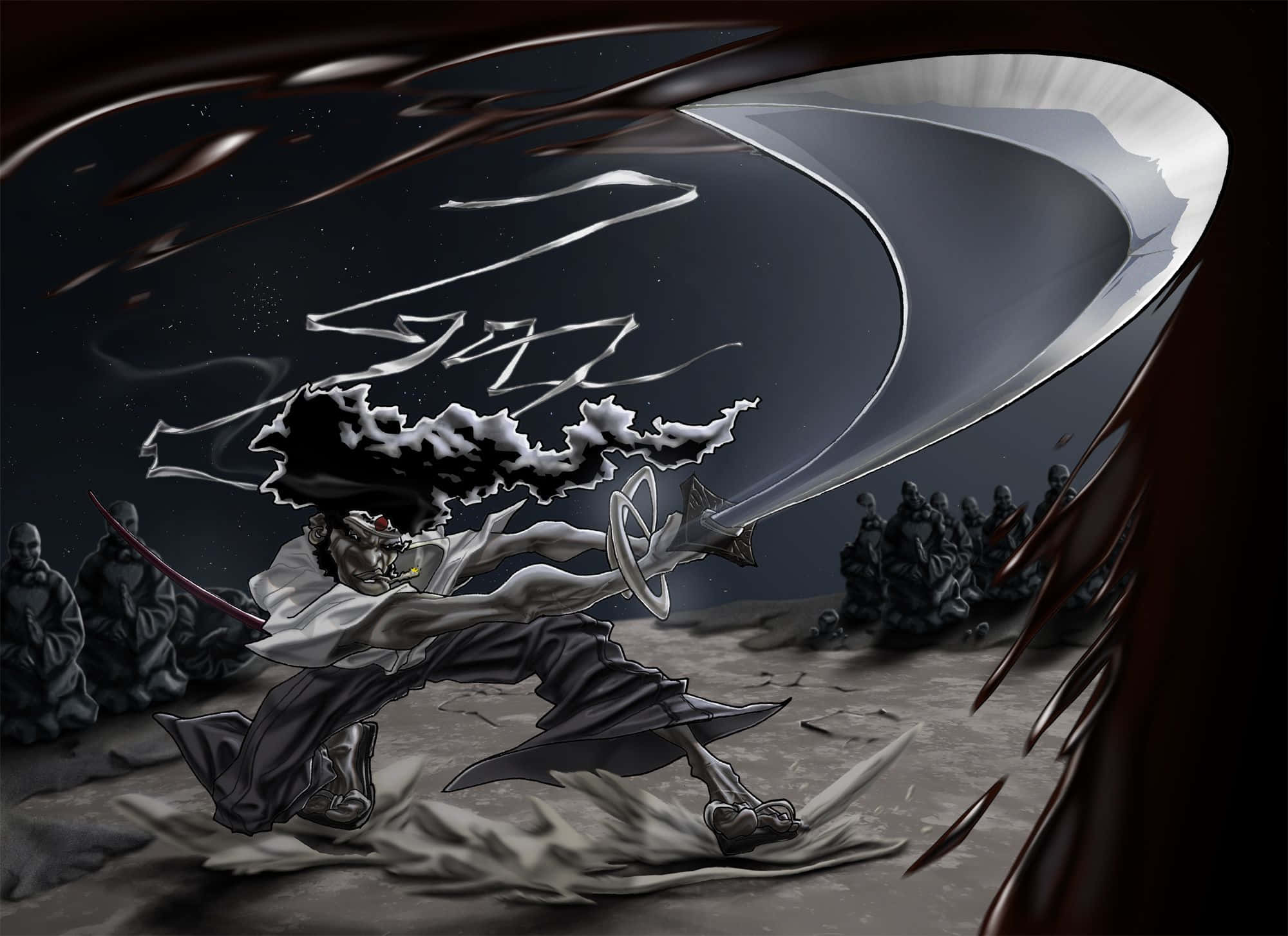 Afro Samurai 桌布 壁紙 — 一位深色頭髮的動漫戰士在星空下用發光的劍斬向陰影人物。