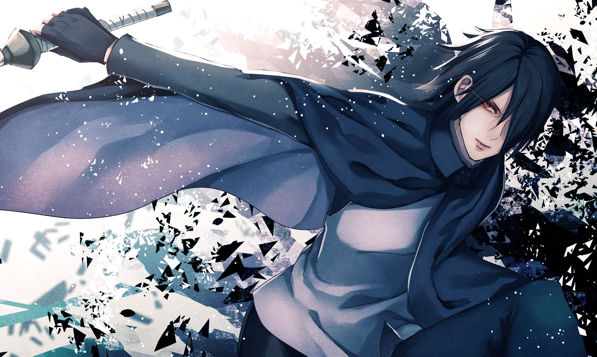sasuke uchiha 4K 桌布 壁紙 — 一位深色頭髮的動漫戰士穿著飄逸斗篷，在明亮的白色背景上斬碎黑色碎片。