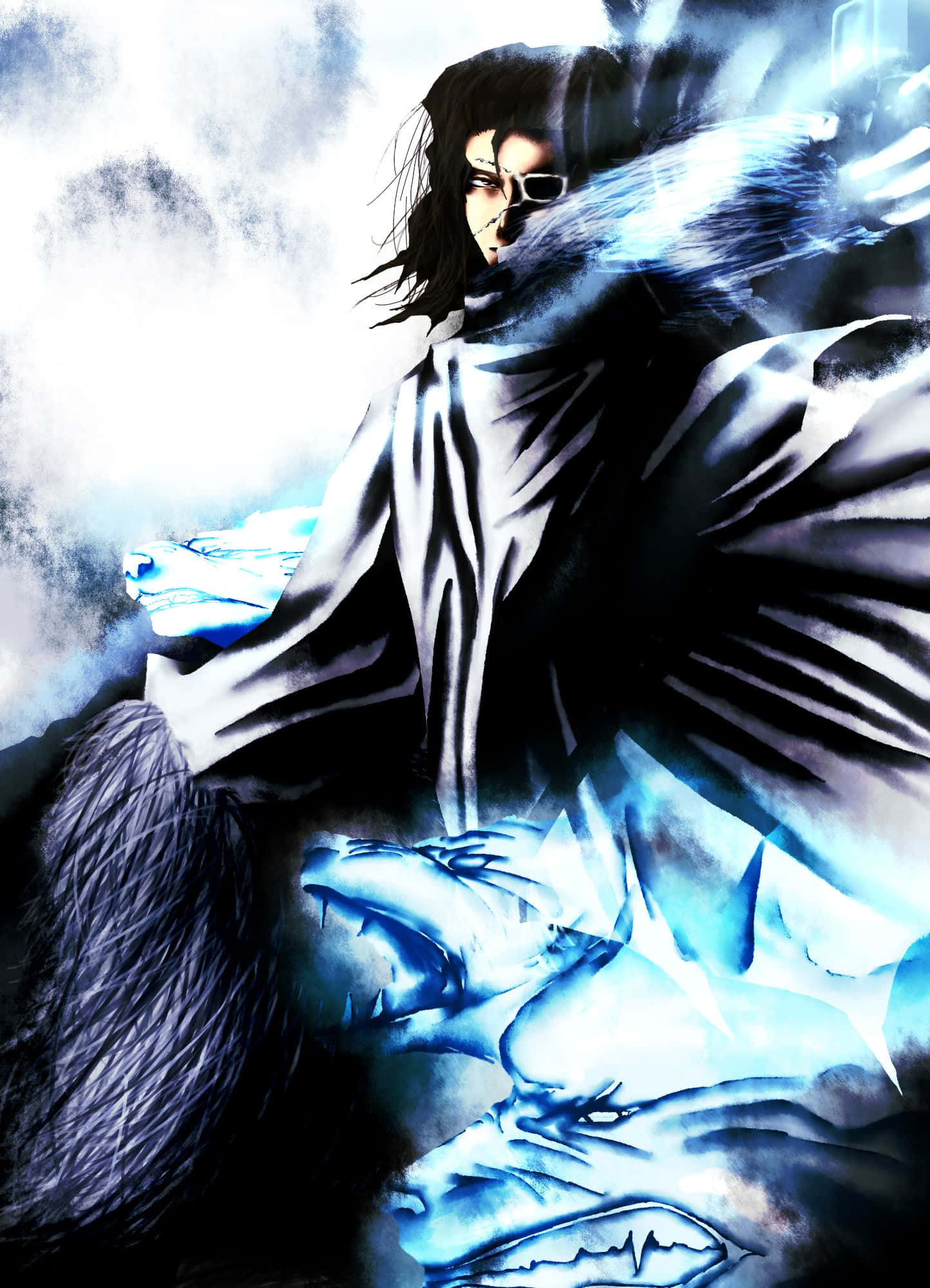 Coyote Starrk 桌布 壁紙 — 一位深色頭髮的動漫戰士穿著飄逸的白色長袍，在暴風雨背景下釋放出發光的藍色能量爆炸。