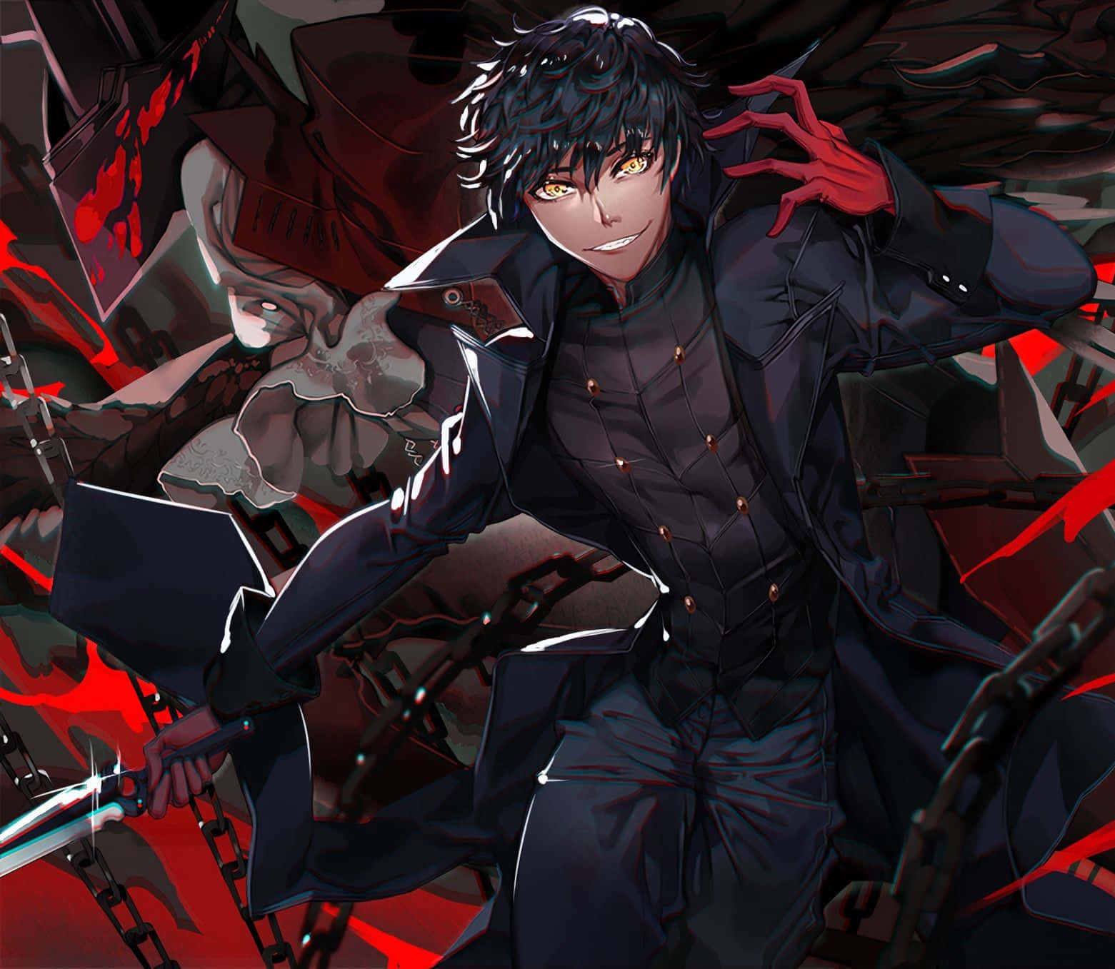 persona 桌布 壁紙 — 一位深色頭髮的動漫男性，擁有發光的黃色眼睛，在鎖鏈和紅色能量中揮舞刀刃，擺出戲劇性的姿勢。