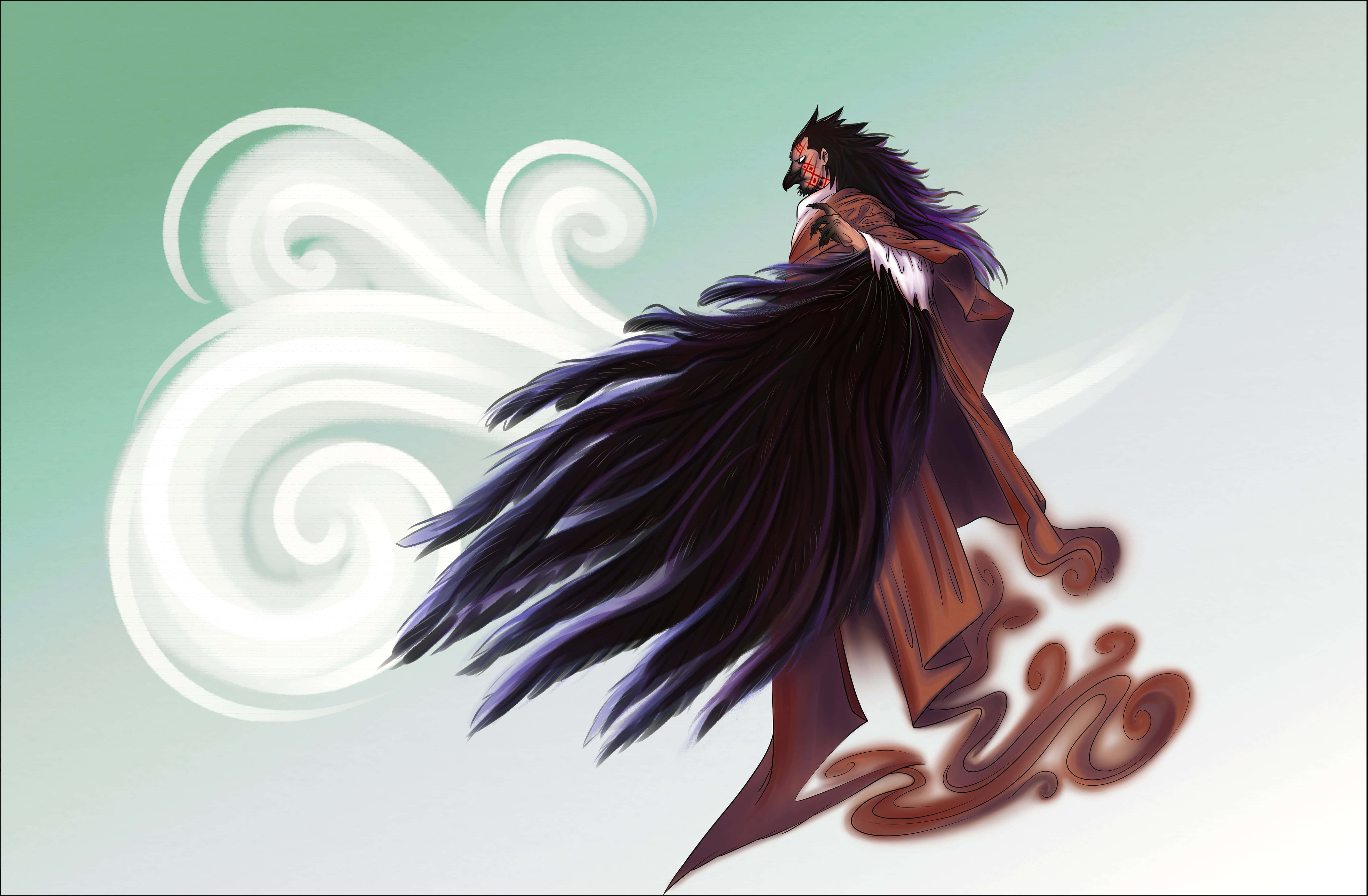 Tengu 桌布 壁紙 — 一位深色頭髮的動漫角色穿著飄逸的棕色斗篷，站在柔和的綠色漸變背景前，帶有旋轉的白色能量效果。