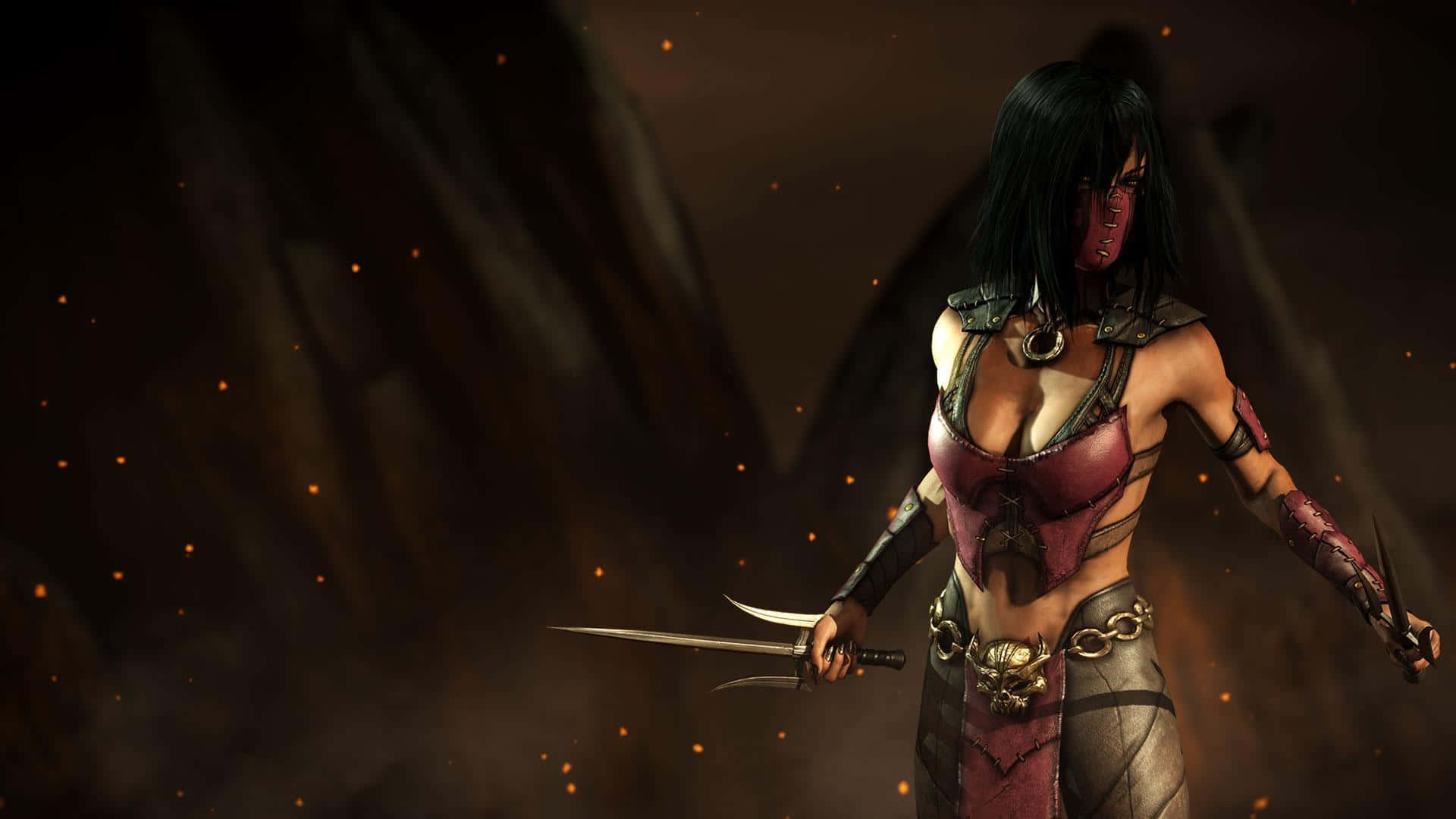 Mortal Kombat Characters 桌布 壁紙 — 一位深色頭髮的戰士身穿紅黑盔甲，手持劍與匕首，背景煙霧繚繞，餘燼閃爍。