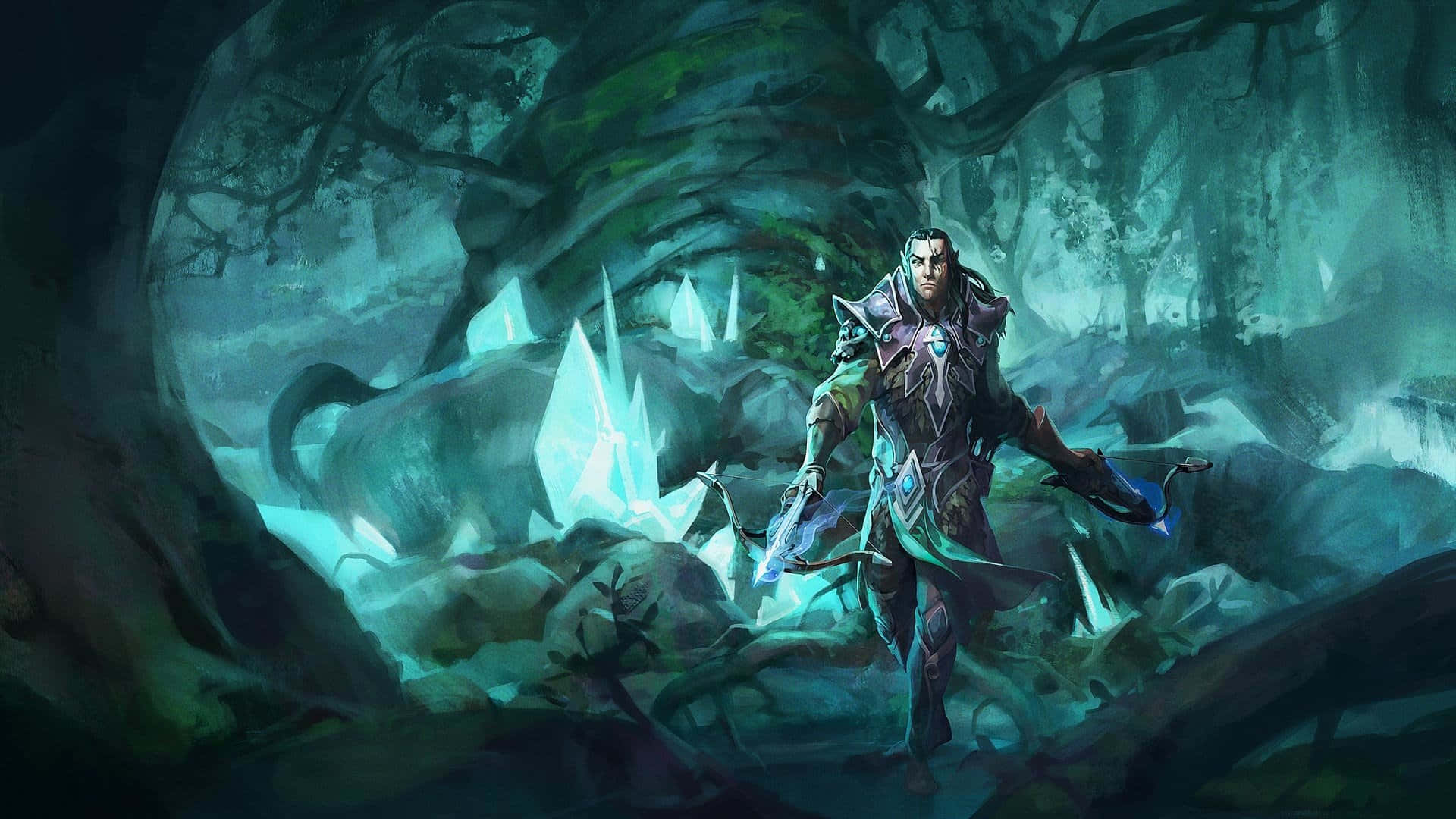遊戲 桌布 壁紙 — 一位深色頭髮的戰士身穿華麗盔甲，站在一個被發光藍色水晶照亮的神秘森林洞穴中。