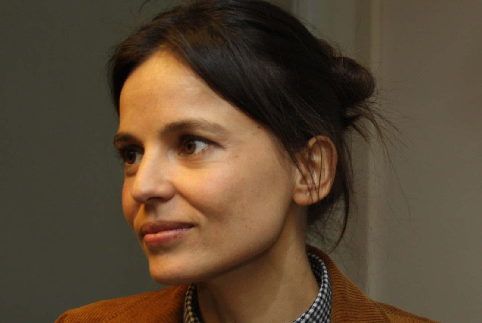 Elena Anaya 桌布 壁紙 — 一位深色頭髮盤成髮髻、身穿棕色外套和格仔襯衫的女性側頭沉思的特寫肖像。