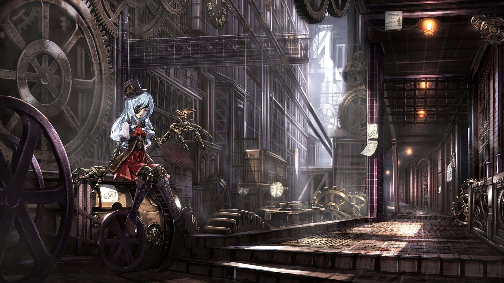 Dark Steampunk 桌布 壁紙 — 一位淺色頭髮的動漫女孩戴著高頂帽和紅色連衣裙，站在一輛蒸氣龐克自行車旁，在一個光線昏暗、充滿巨大齒輪和管道的工業走廊中。