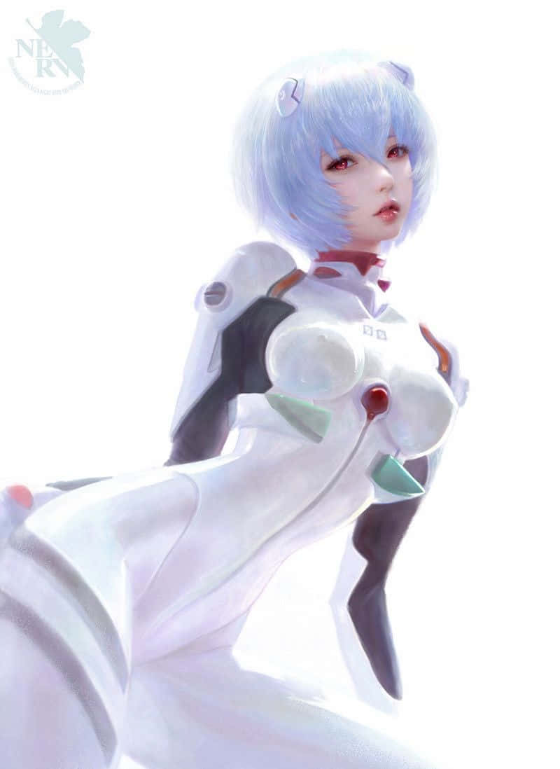 rei ayanami 桌布 壁紙 — 一位淺藍色頭髮的動漫女孩，穿著白色和黑色的未來風格服裝，在明亮的白色背景前擺姿勢。