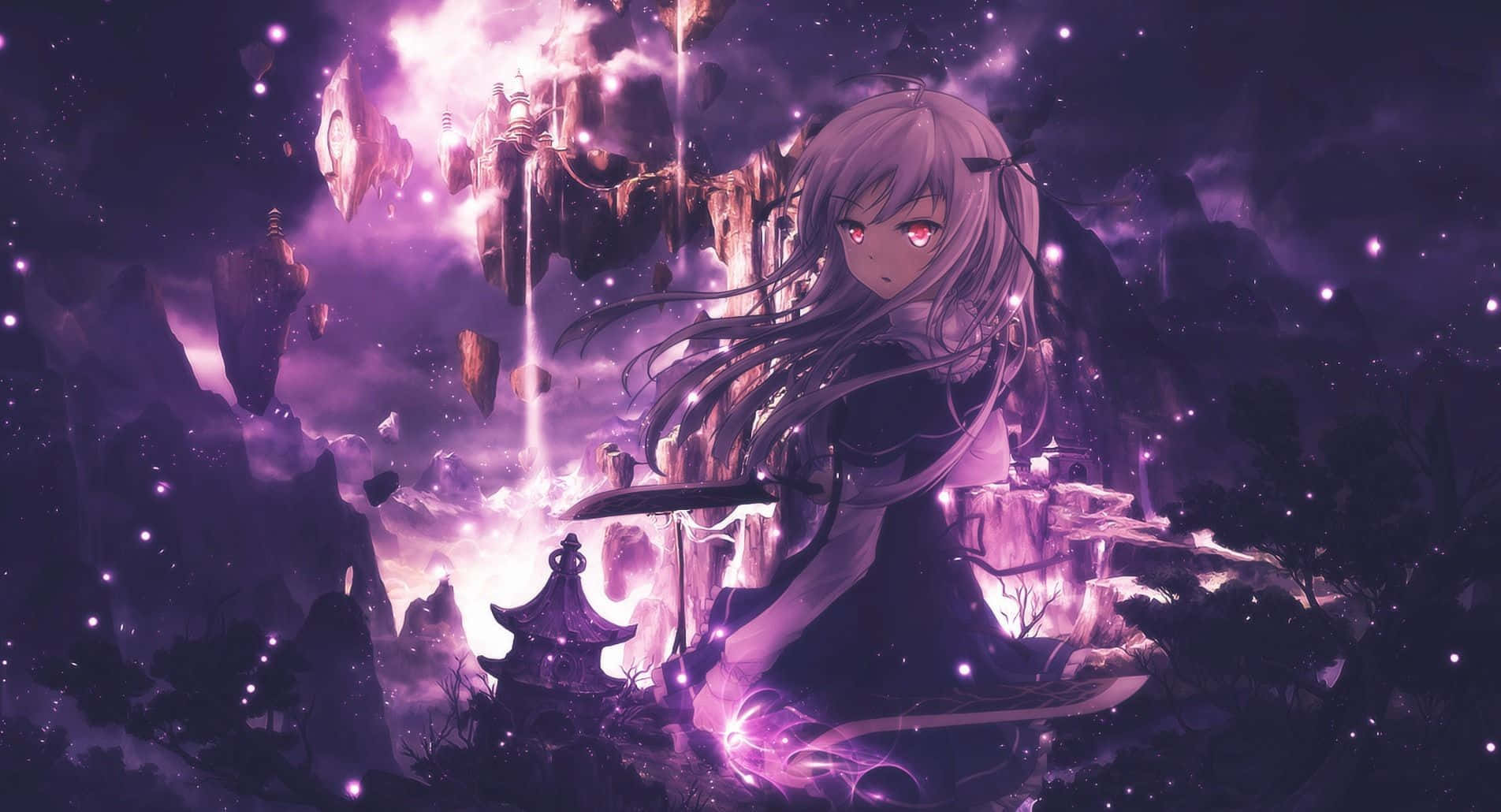 Purple Anime 桌布 壁紙 — 一位淺髮色、紅眼的動漫女孩，在漂浮的紫色岩石 formations 和星空下握著一把發光的劍。
