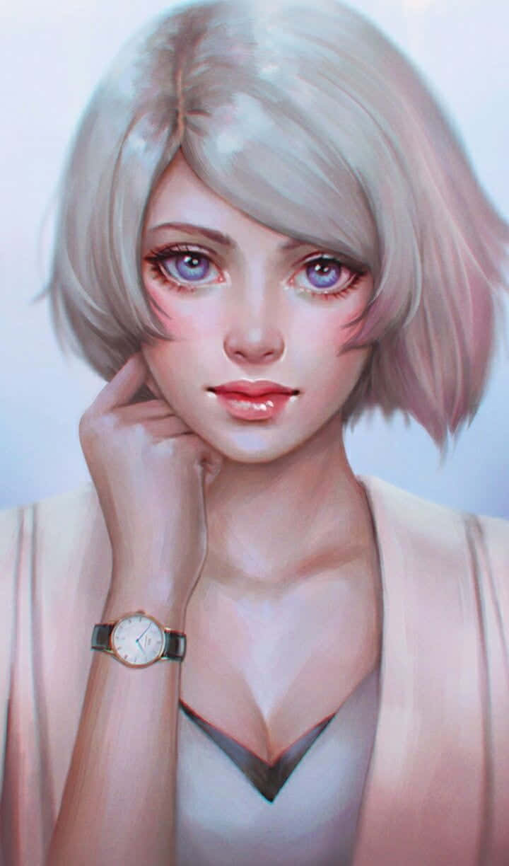 一位冷靜的動漫女子，銀髮紫眼，戴著手錶。