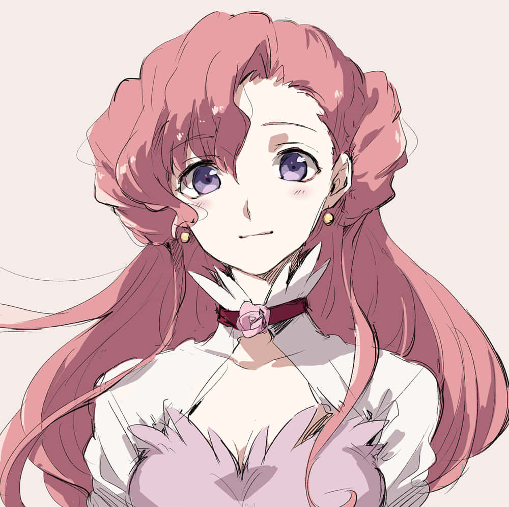 Euphemia Li Britannia 桌布 壁紙 — 一位溫柔的動漫女孩，粉紅色頭髮和紫色眼睛，穿著白色襯衫搭配玫瑰頸鏈，微笑著。