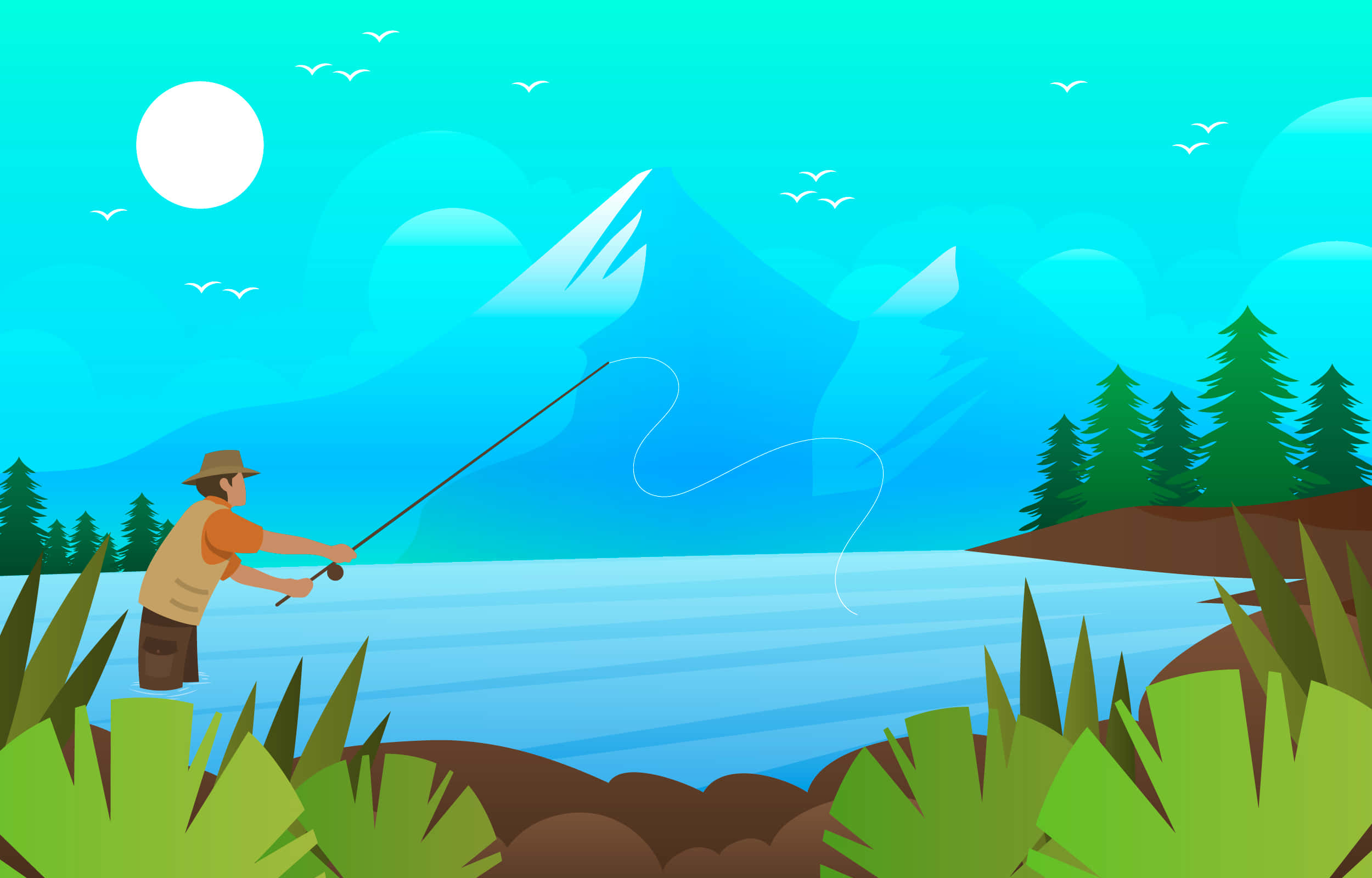 Fishing Rod 桌布 壁紙 — 一位漁夫在明亮的陽光下從湖岸拋出釣線，背景是白雪覆蓋的山脈和松樹。