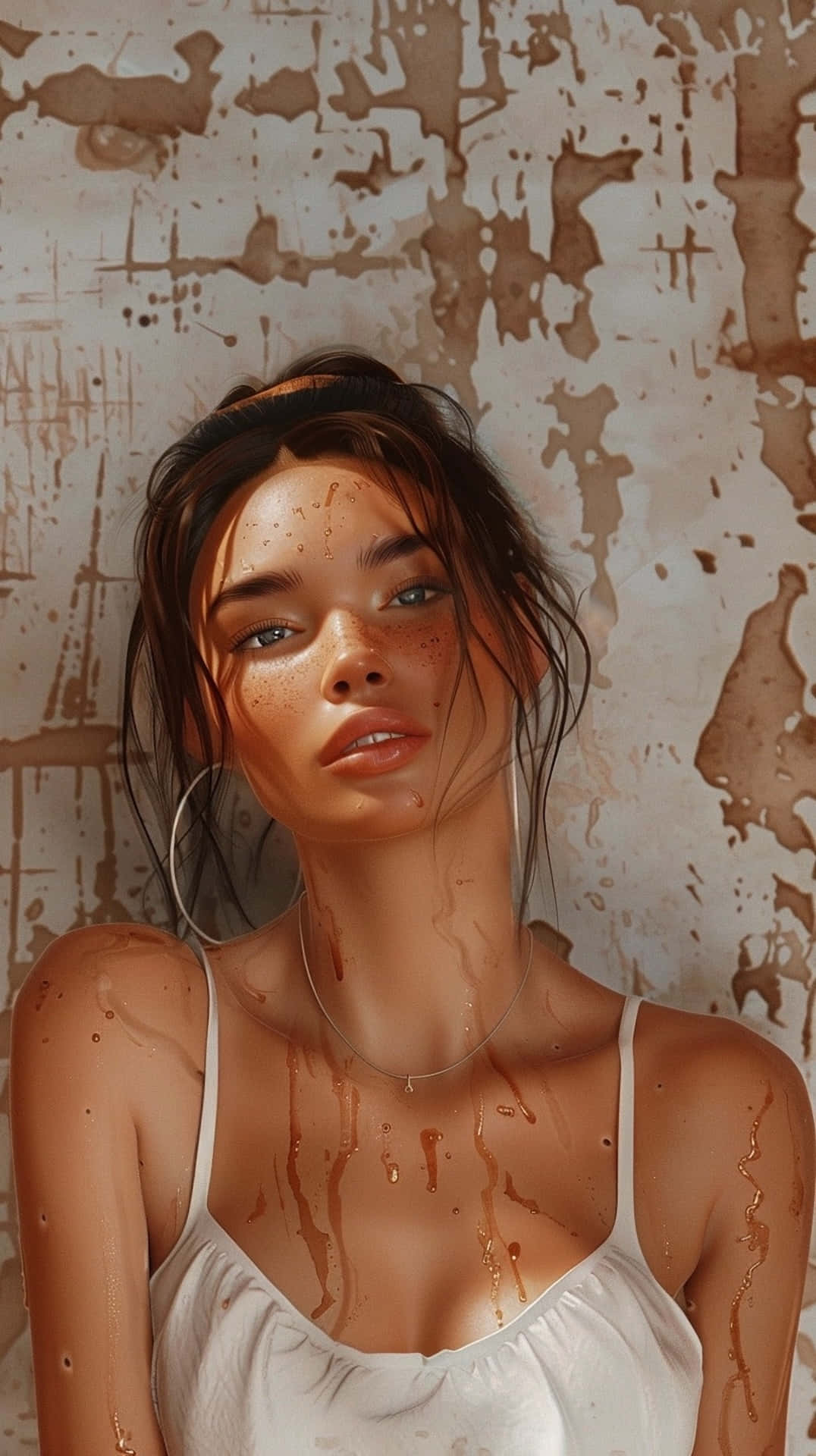 Clean Girl Aesthetic 桌布 壁紙 — 一位濕髮且有雀斑的女性靠著一面風化且沾有棕色液體滴的牆壁站立。