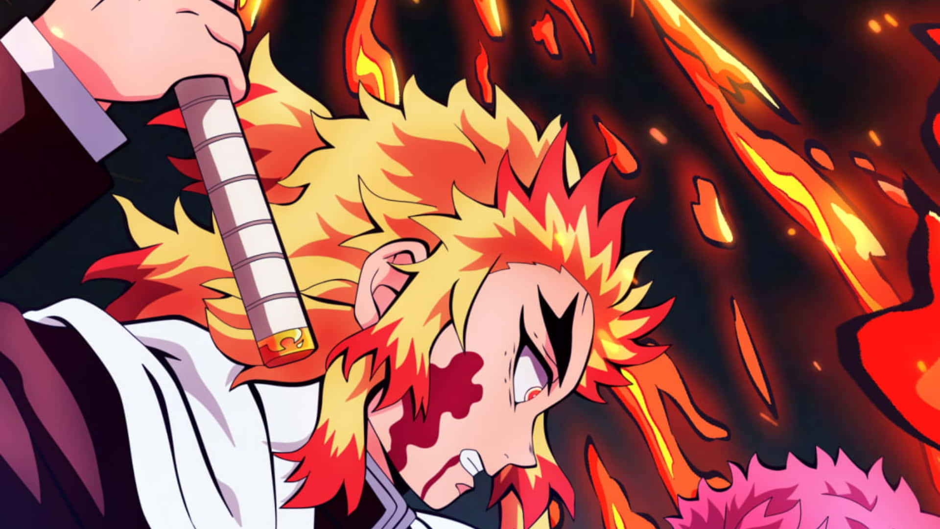 Rengoku Death 桌布 壁紙 — 一位火焰般頭髮的動漫戰士握緊劍，周圍火焰爆發，形成戲劇性的戰鬥場景。