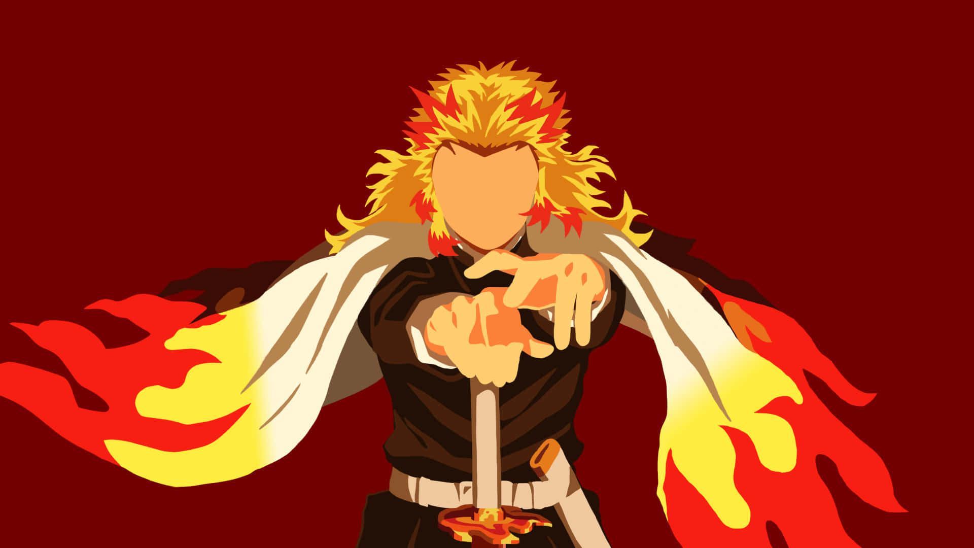 Rengoku Minimalist 桌布 壁紙 — 一位火焰頭髮的動漫戰士，身穿黑白斗篷，雙手噴出火焰，指向深紅色背景前方。