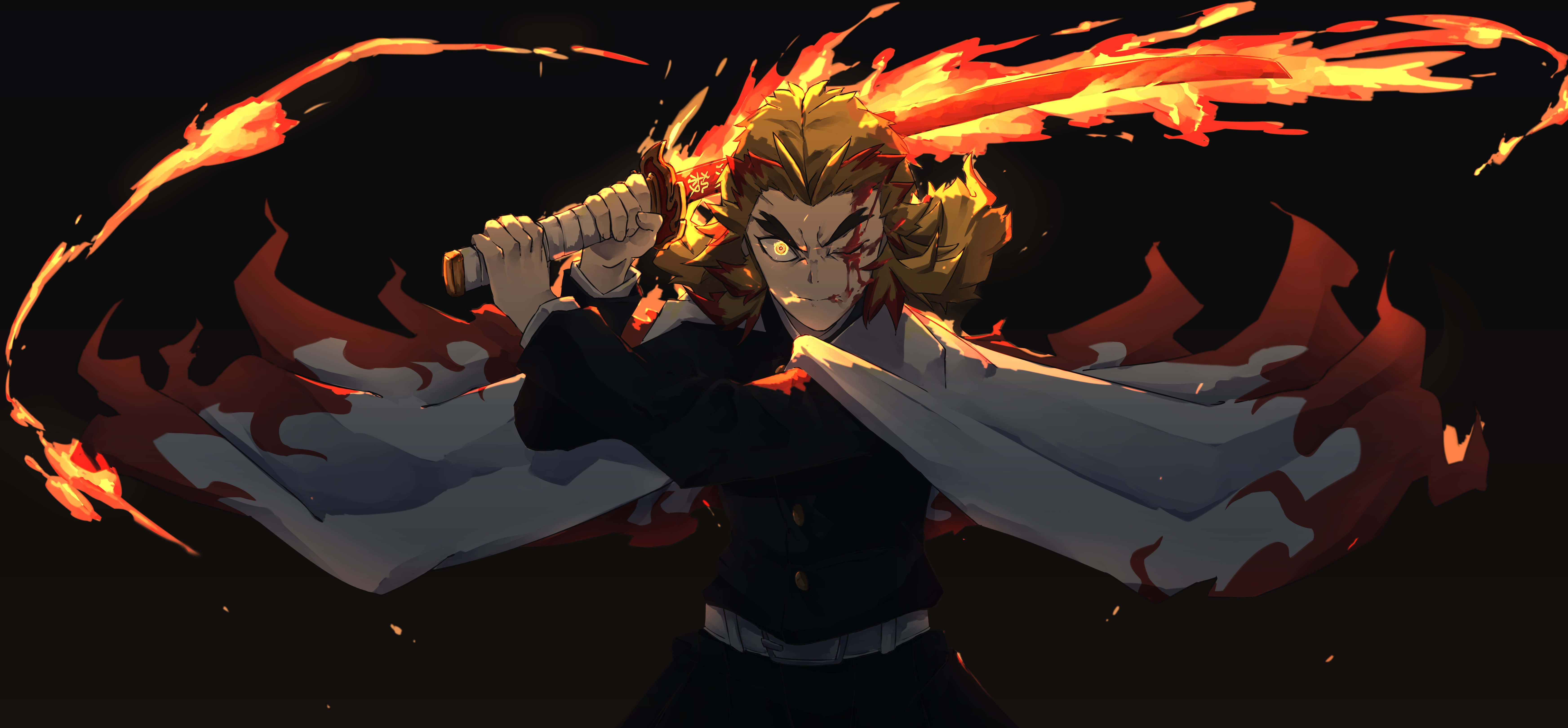 Rengoku Minimalist 桌布 壁紙 — 一位火焰頭髮的動漫戰士身穿黑色制服，在黑暗背景中揮舞劍，周圍爆發出火焰。