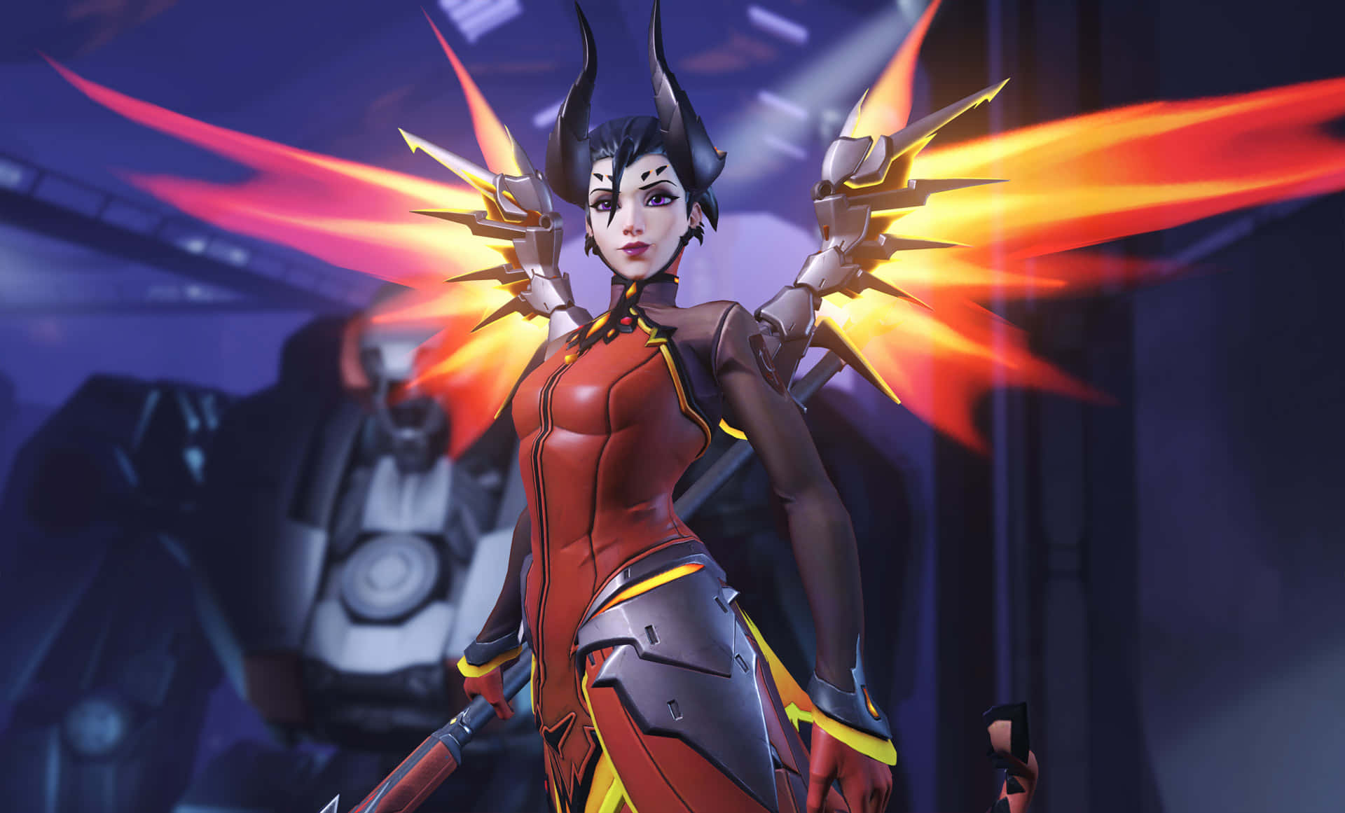 Overwatch Mercy 桌布 壁紙 — 一位火熱的動漫戰士，擁有發光的橙色翅膀和黑色角，自信地站在未來主義的場景中。