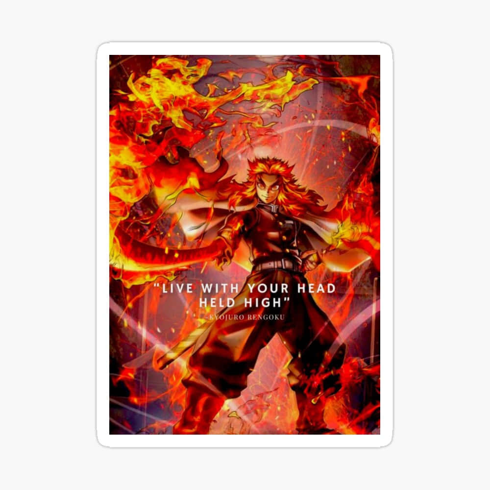 Rengoku Quotes 桌布 壁紙 — 一位火熱的動漫戰士，有著尖刺的紅髮和發光的眼睛，挑釁地站在旋轉的火焰和餘燼之中。